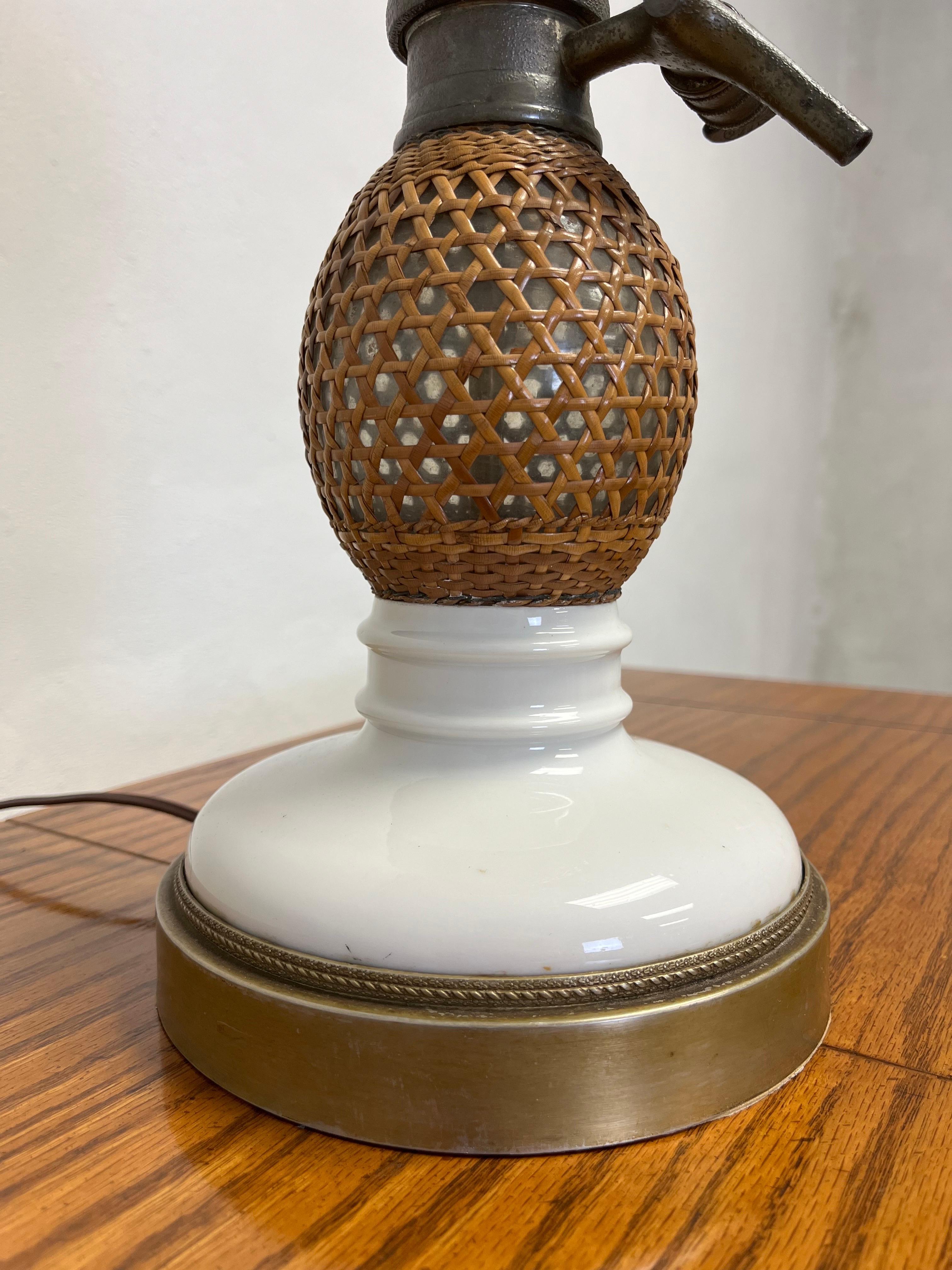 Early 20th Century French Wicker Seltzer Bottle Table Lamp For Sale