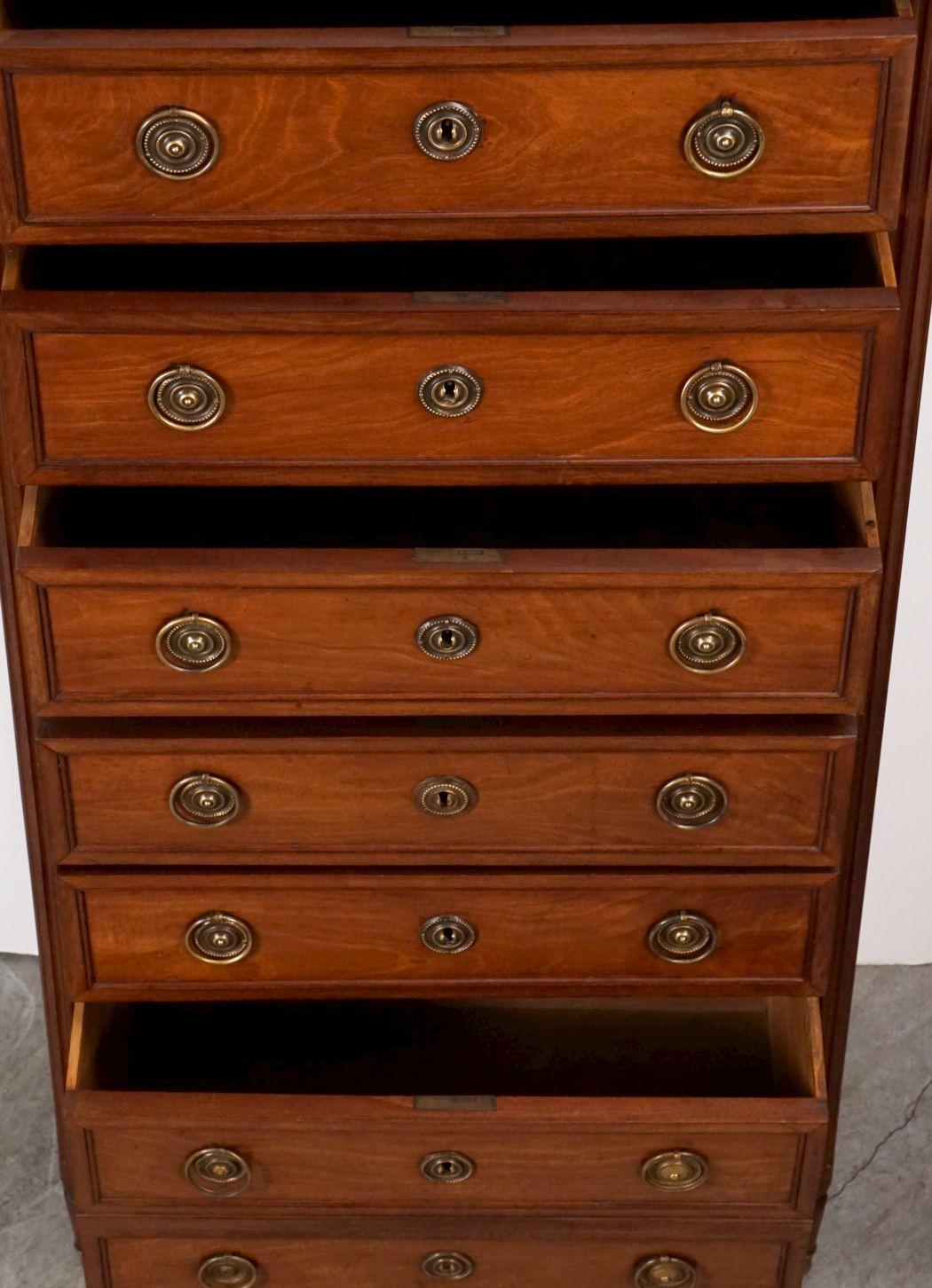 French Semainier or Tall Chest of Mahogany with Marble Top For Sale 7