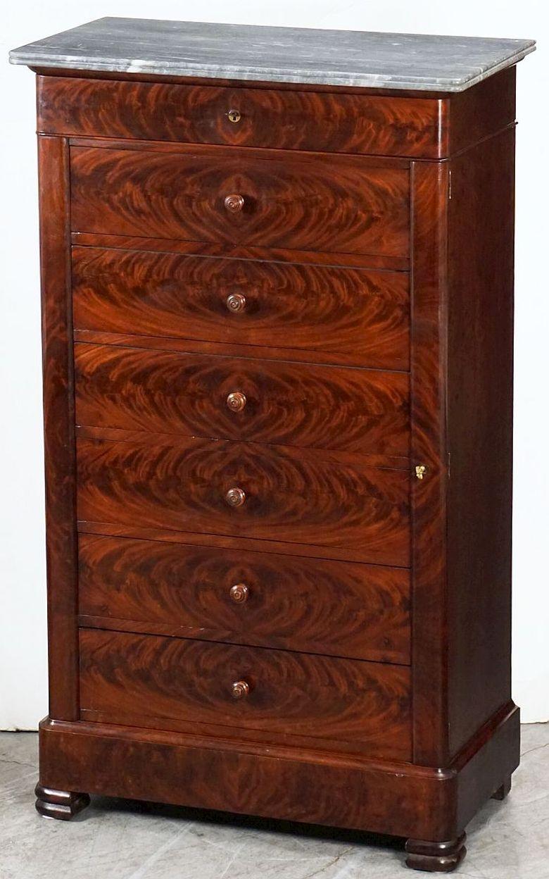 French Semainier or Tall Chest of Mahogany with Marble Top For Sale 9