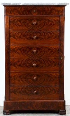 French Semainier or Tall Chest of Mahogany with Marble Top