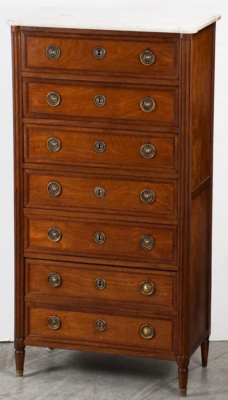 French Semainier or Tall Chest of Mahogany with Marble Top For Sale 14