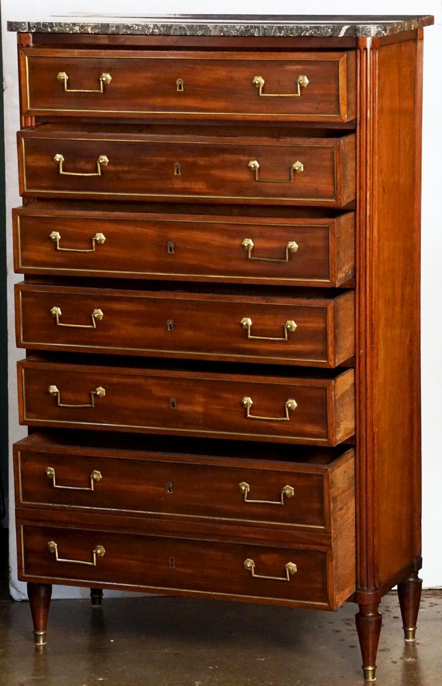 French Semainier or Tall Chest of Mahogany with Marble Top In Good Condition In Austin, TX