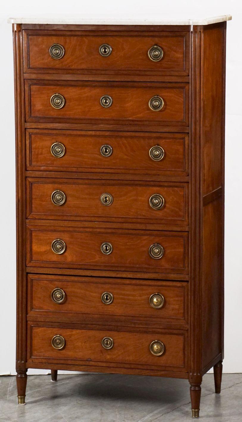 Turned French Semainier or Tall Chest of Mahogany with Marble Top For Sale