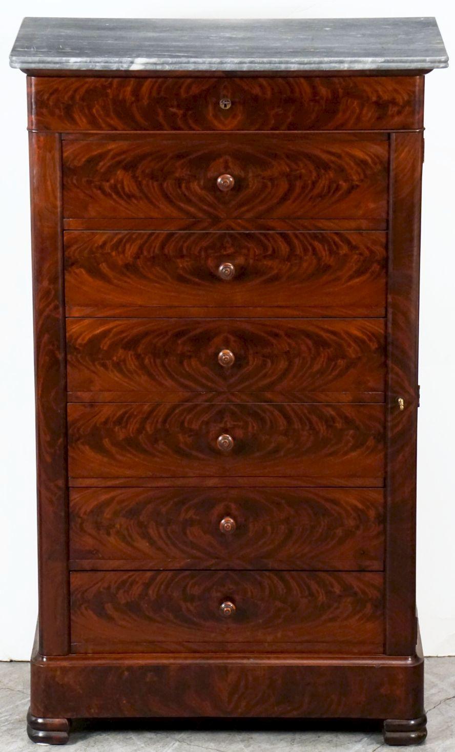 19th Century French Semainier or Tall Chest of Mahogany with Marble Top For Sale