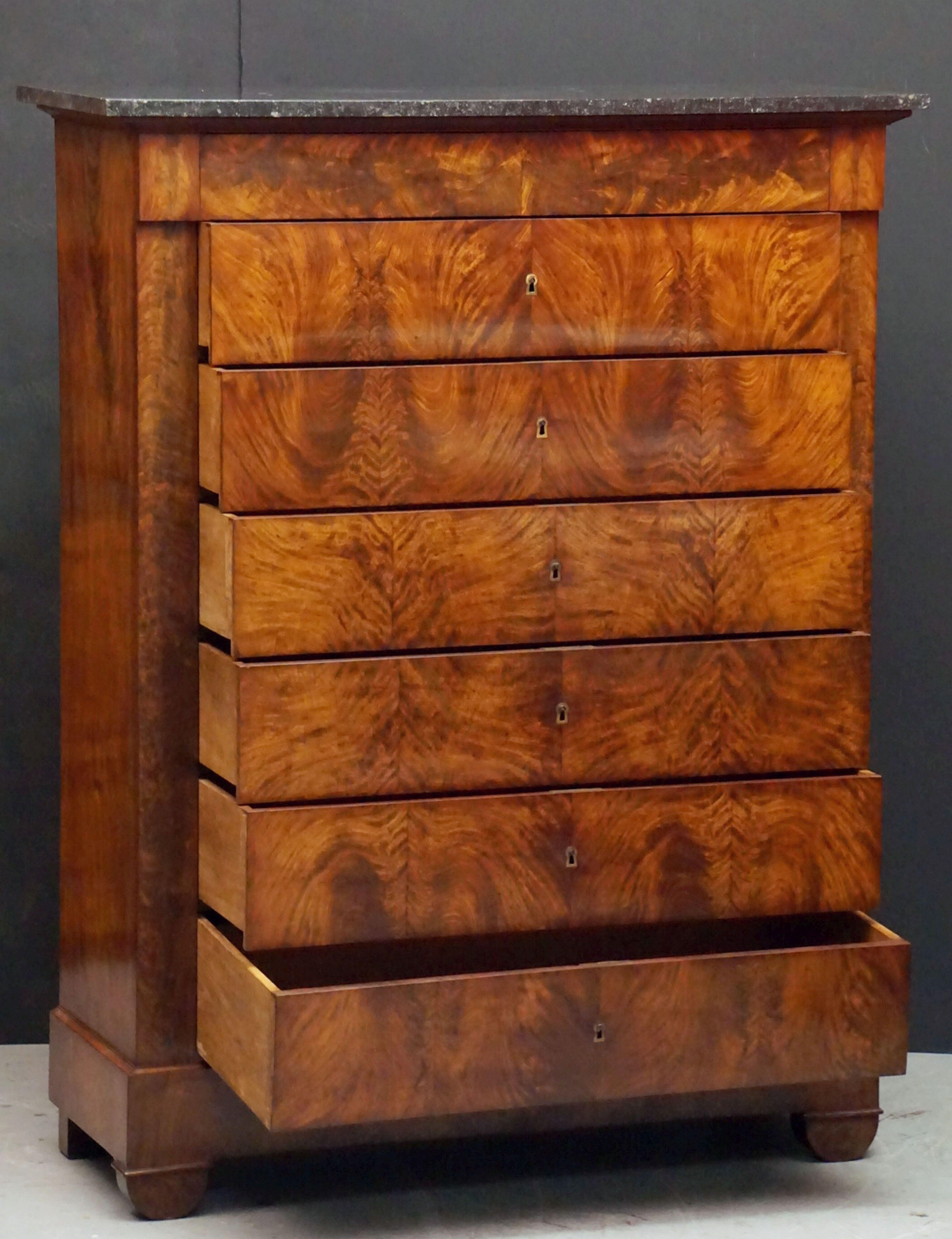 19th Century French Semainier or Tall Chest of Mahogany with Marble Top