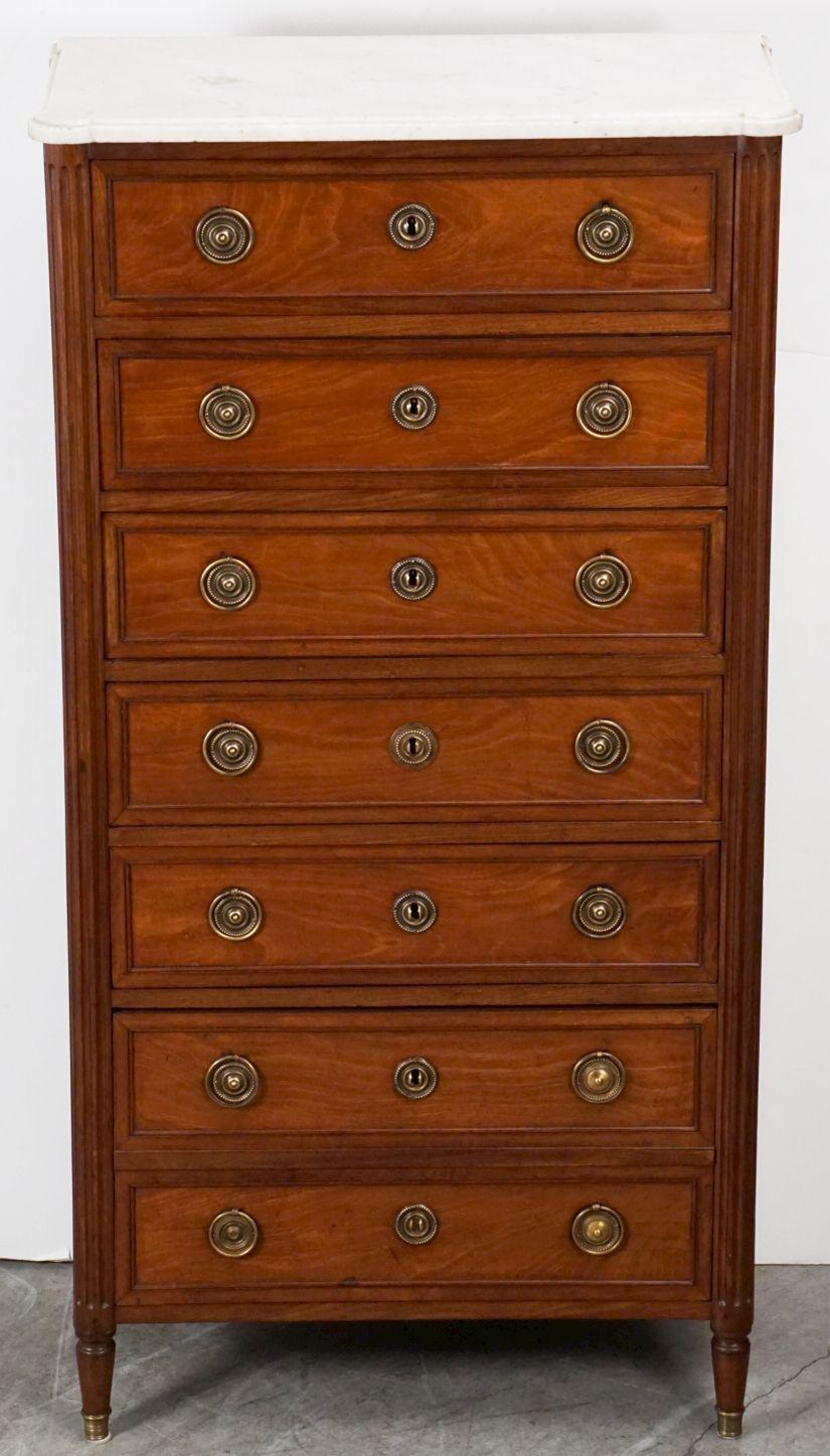 18th Century French Semainier or Tall Chest of Mahogany with Marble Top For Sale
