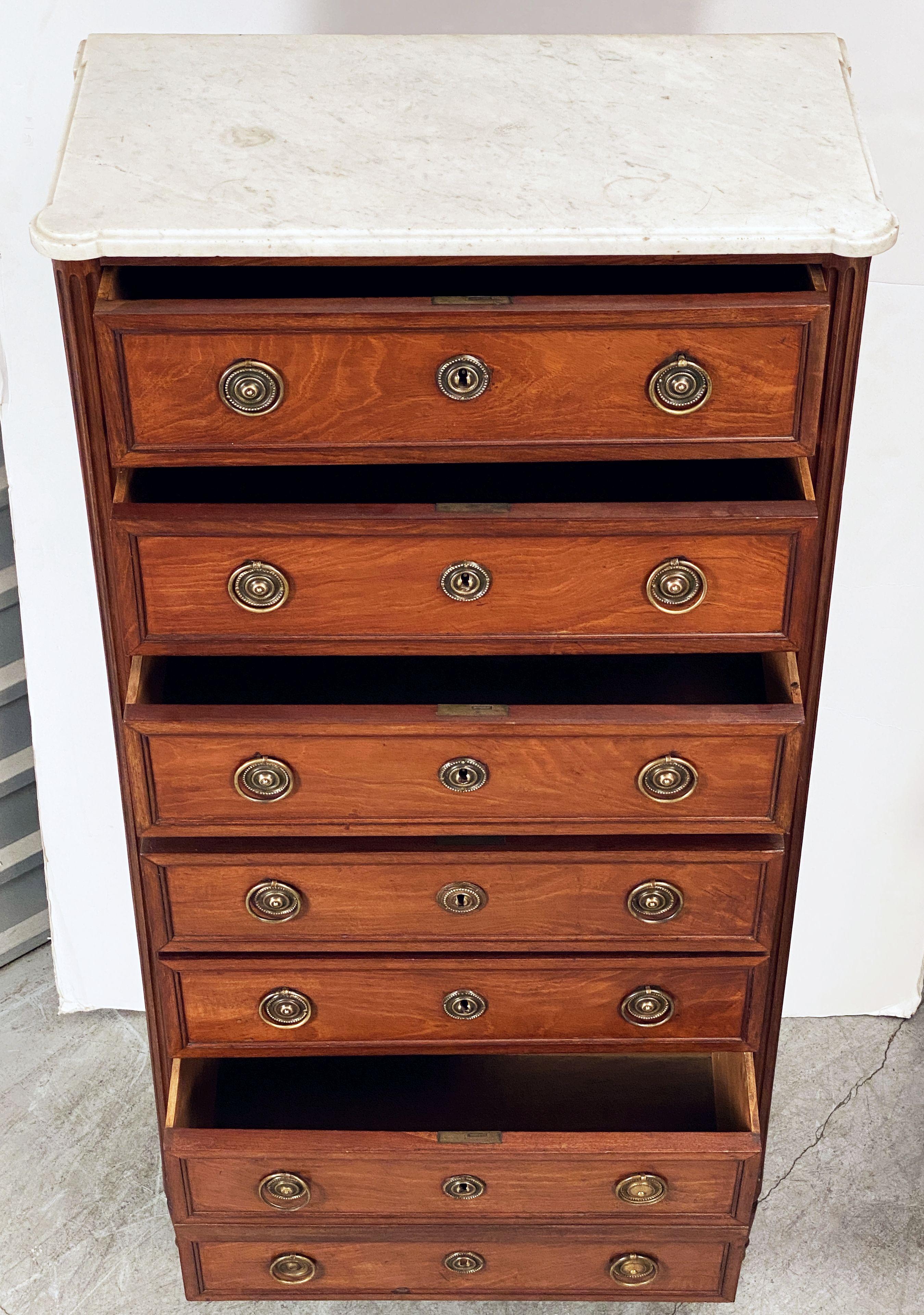 Metal French Semainier or Tall Chest of Mahogany with Marble Top For Sale