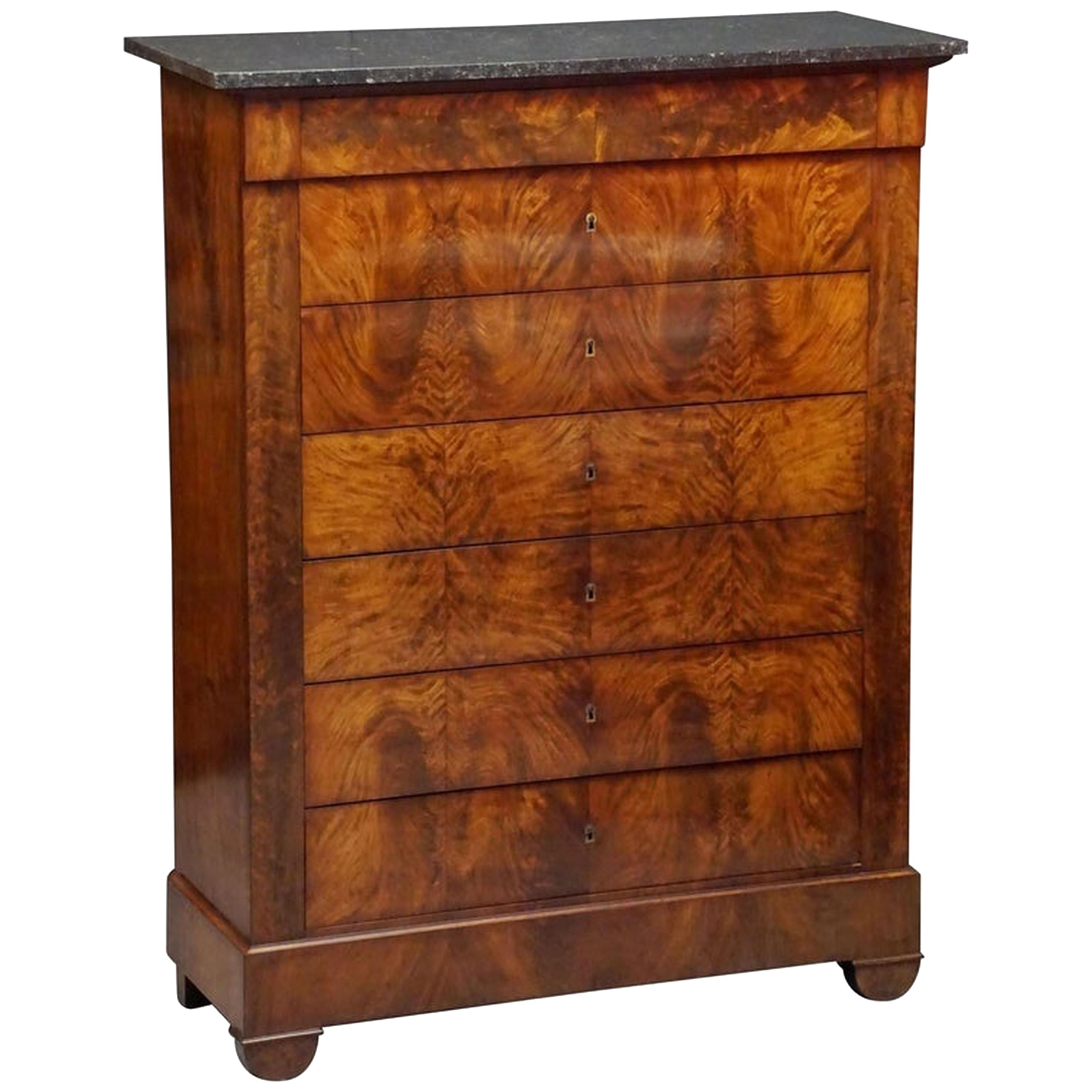 French Semainier or Tall Chest of Mahogany with Marble Top