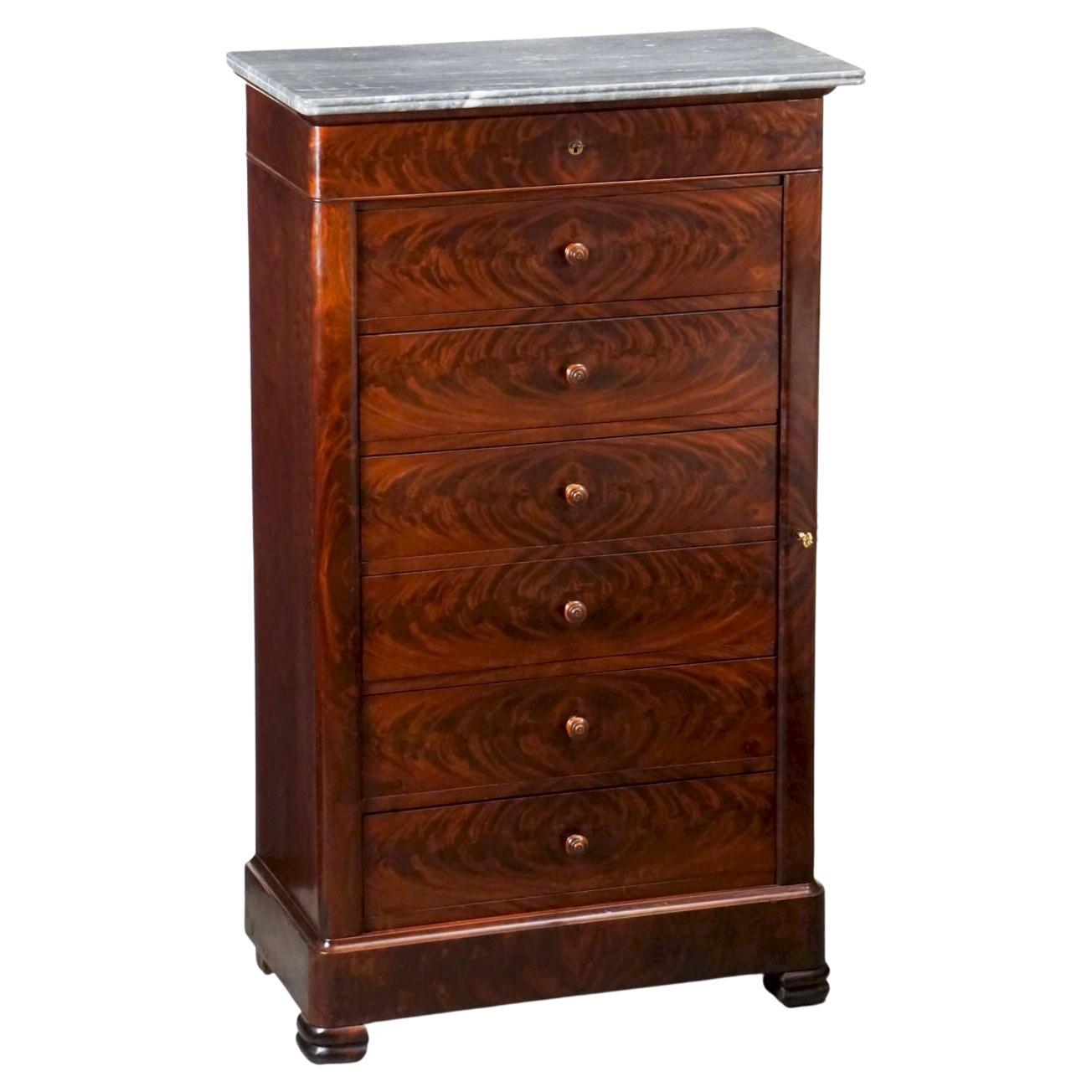 French Semainier or Tall Chest of Mahogany with Marble Top For Sale