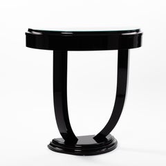 French Semicircular Art Déco Console Black Piano Lacquer, Black Glass Top Plate