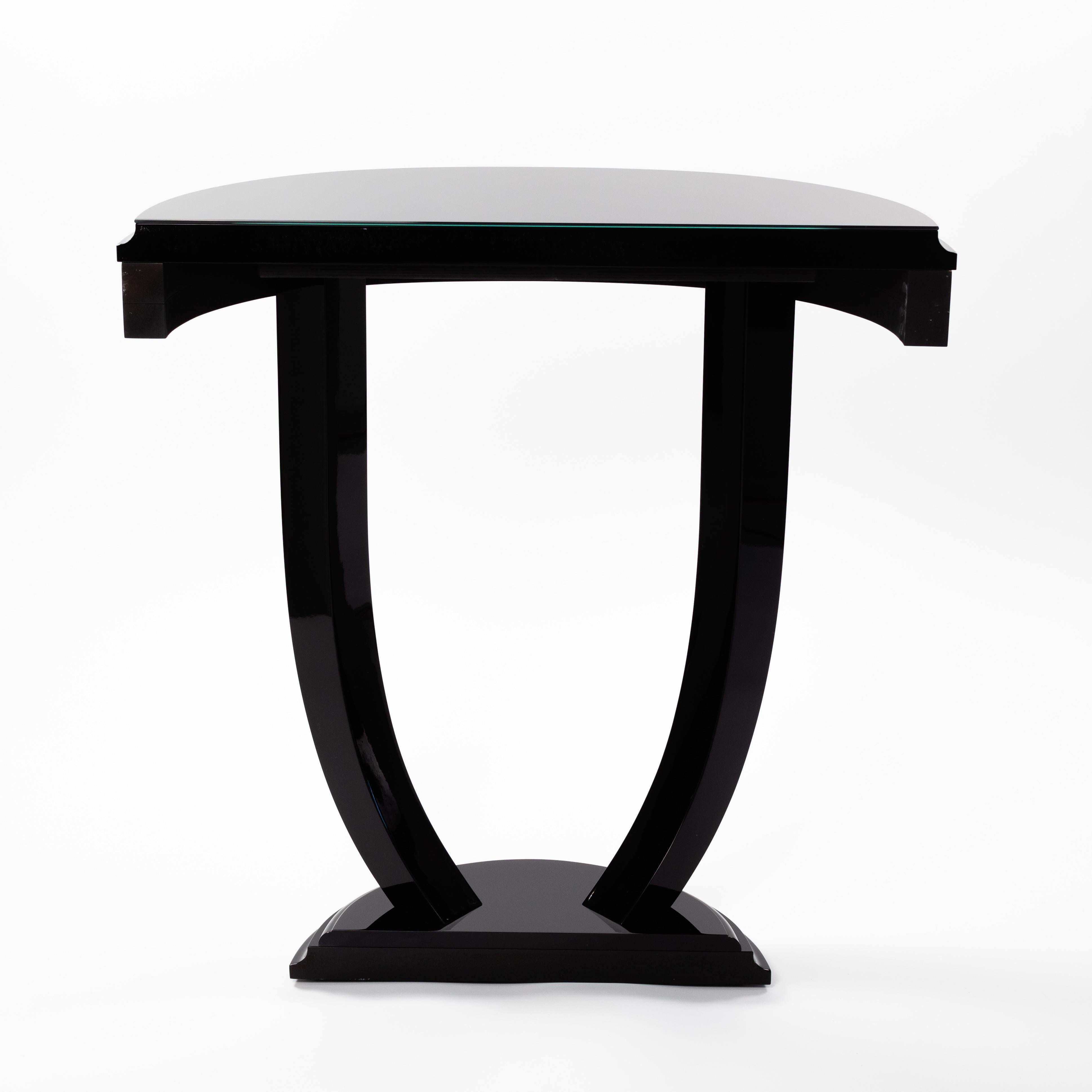 Lacquered French Semicircular Art Déco Console Black Piano Lacquer, Black Glass Top Plate For Sale
