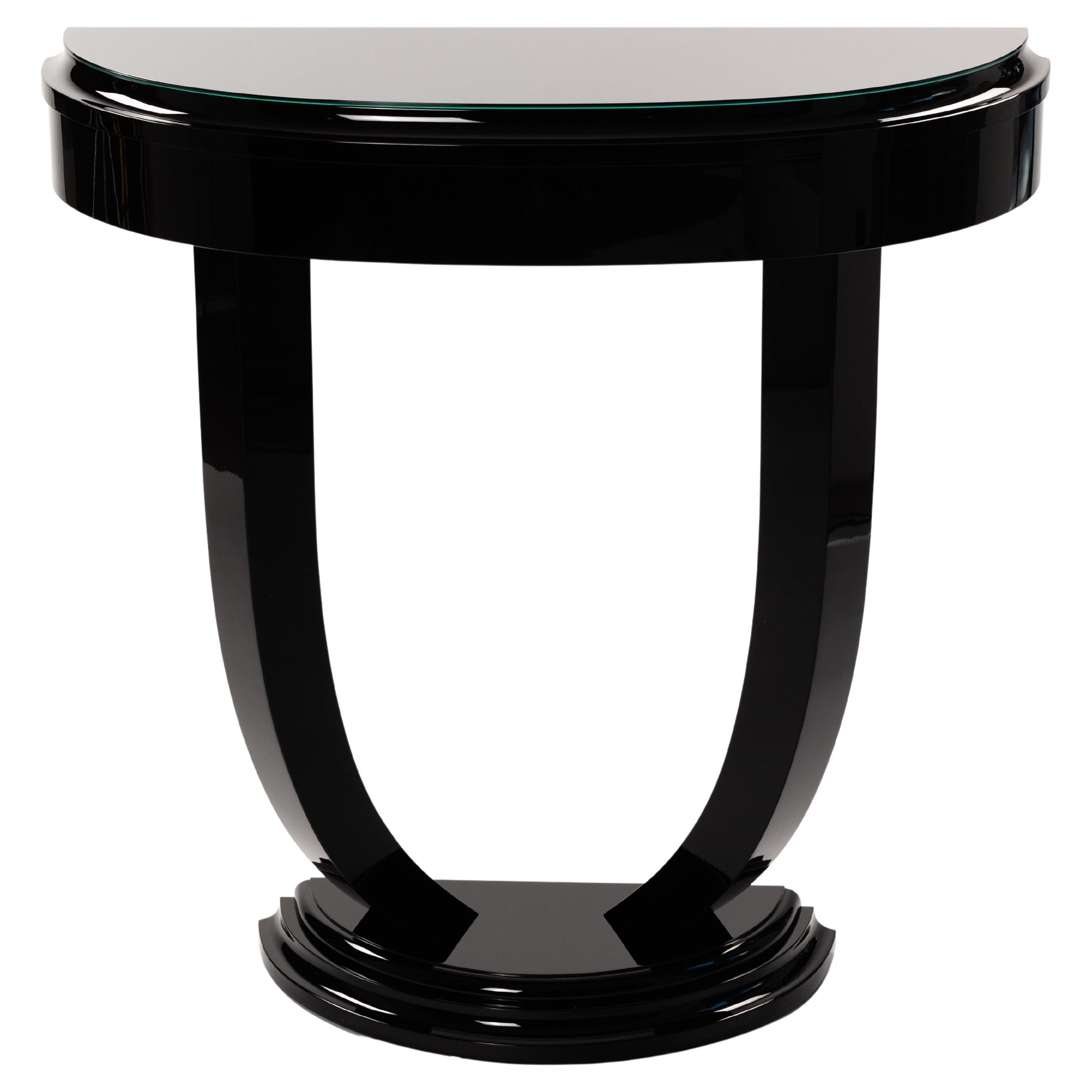 Console Art Déco française semi-circulaire laquée piano noir, plateau supérieur en verre noir