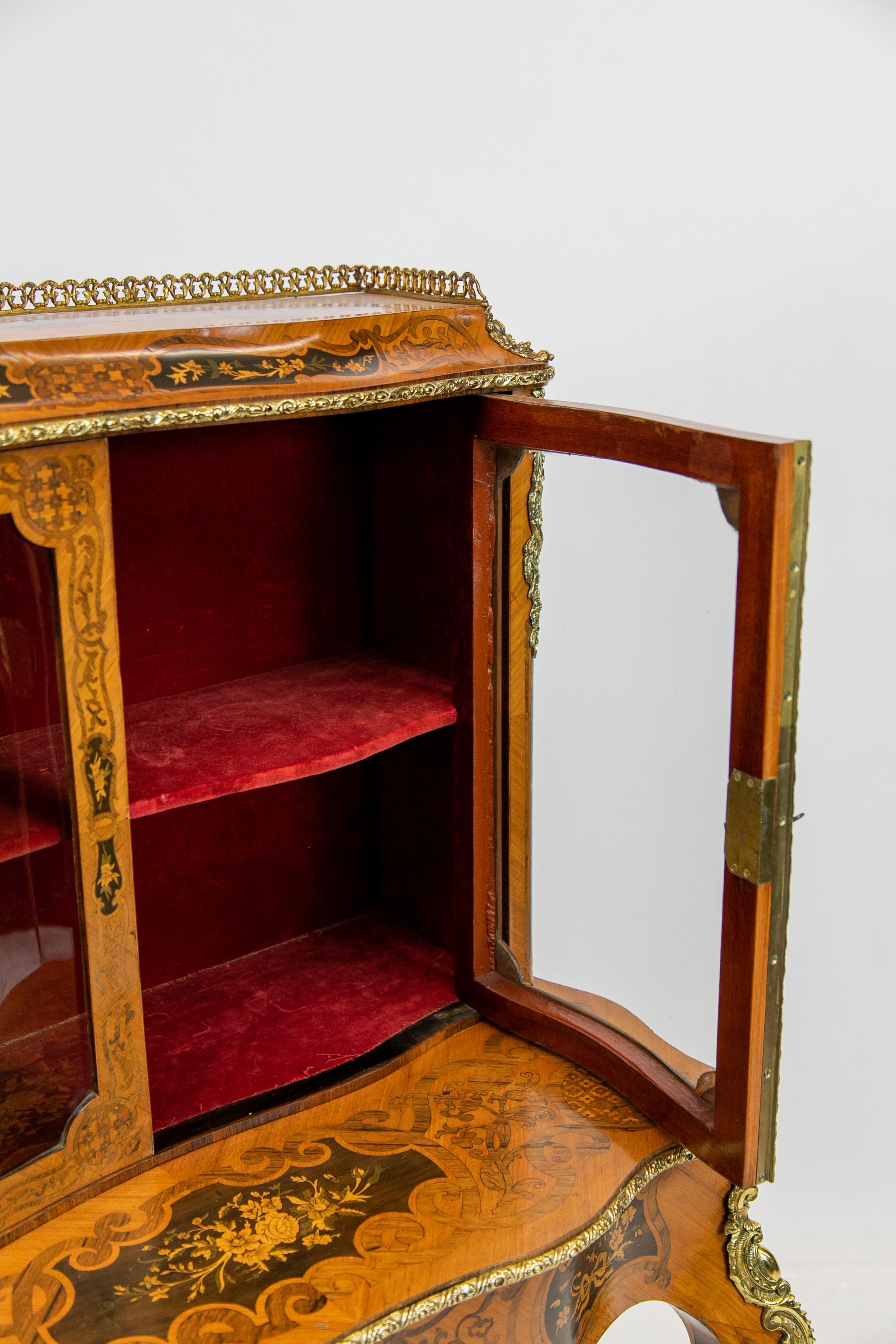 French Serpentine Marquetry Inlaid Display Cabinet For Sale 5