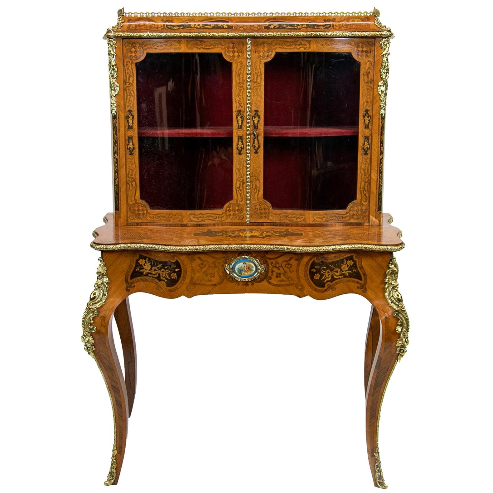 French Serpentine Marquetry Inlaid Display Cabinet