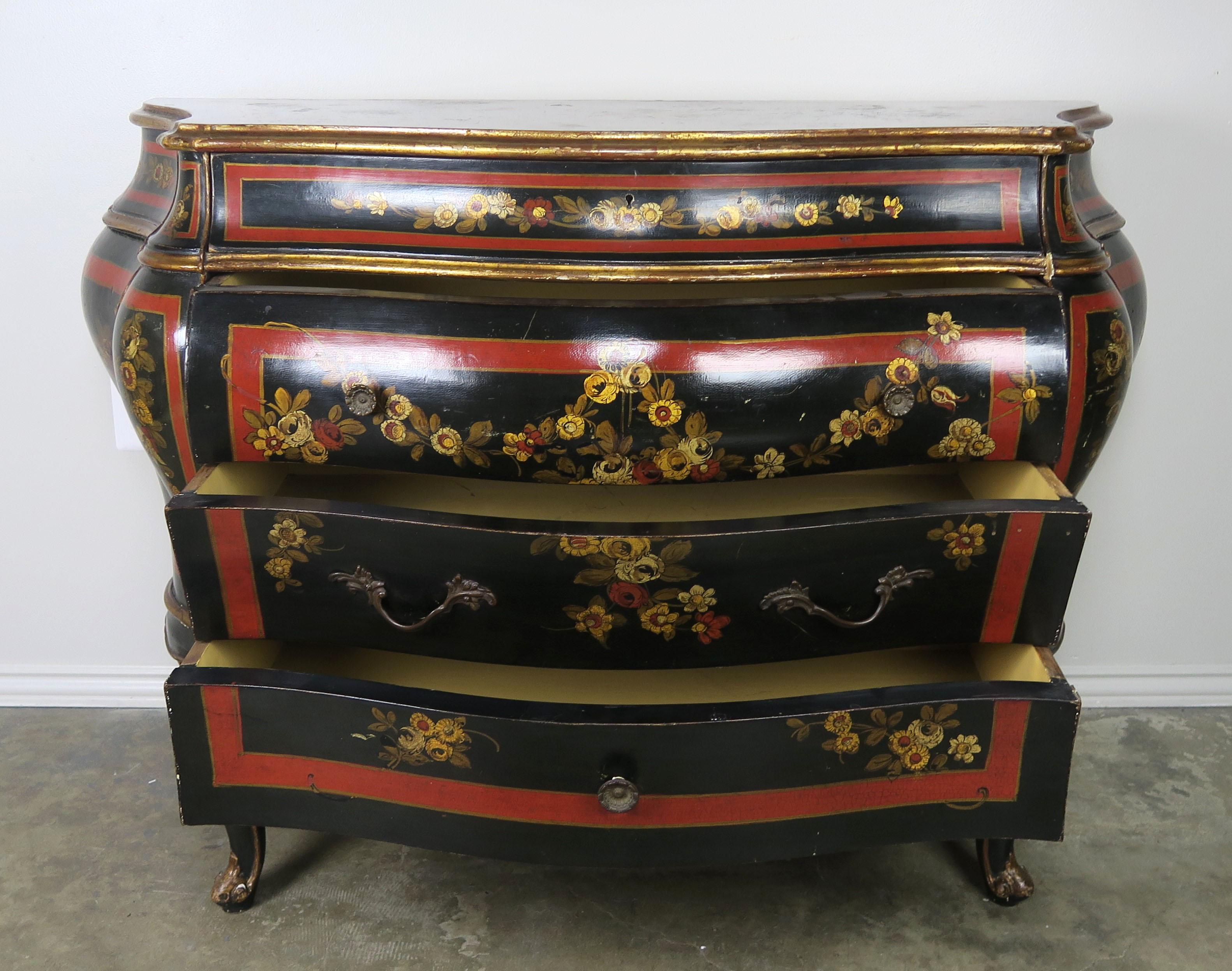 Hand-Painted French Serpentine Shaped Chinoiserie Painted Chest of Drawers, circa 1930s