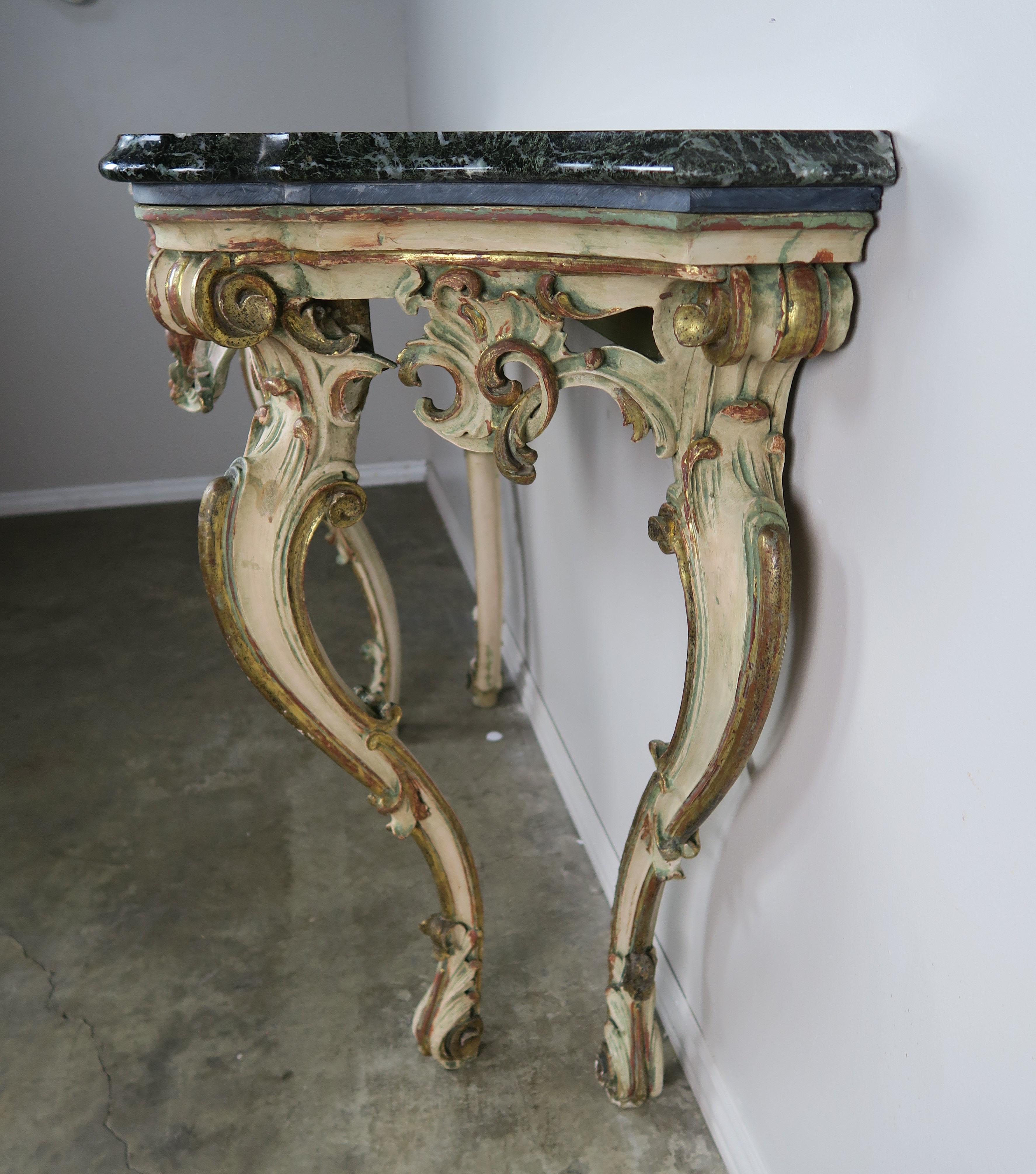 Serpentine Shaped Painted and Parcel-Gilt Console with Marble Top, circa 1930 For Sale 3