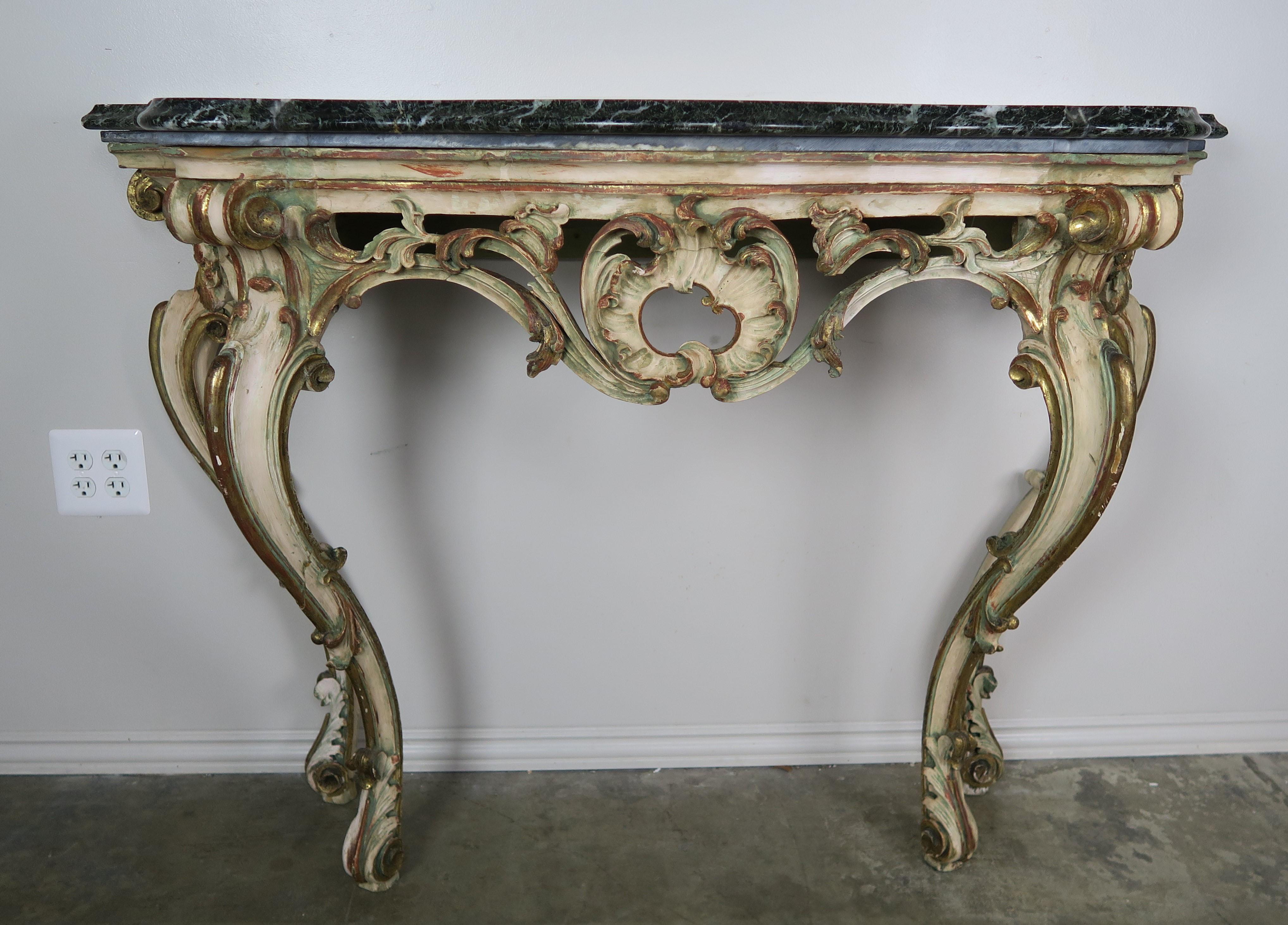 Serpentine Shaped Painted and Parcel-Gilt Console with Marble Top, circa 1930 For Sale 6