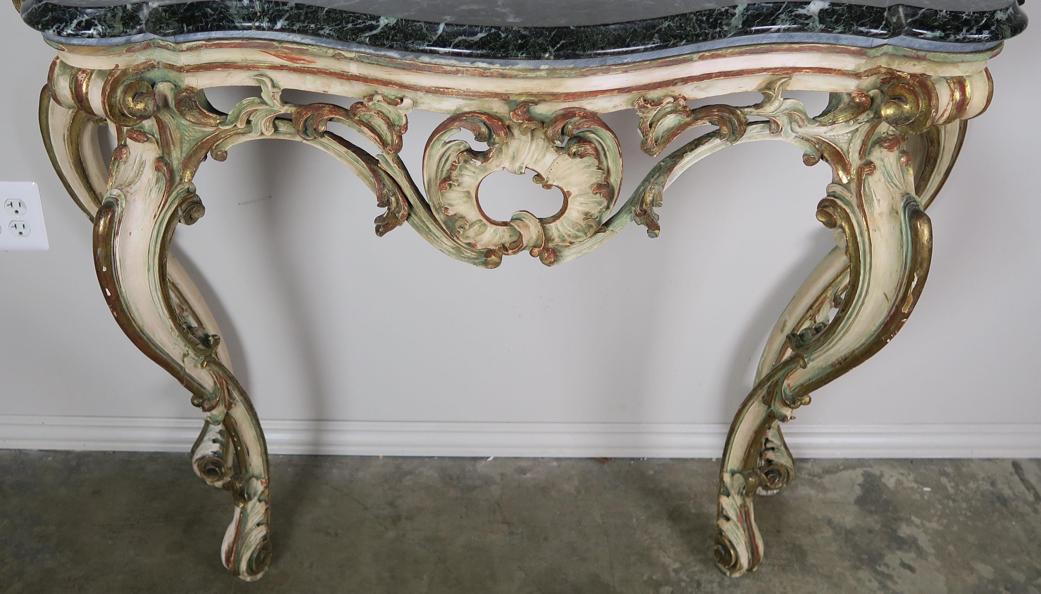 Louis XV Serpentine Shaped Painted and Parcel-Gilt Console with Marble Top, circa 1930 For Sale