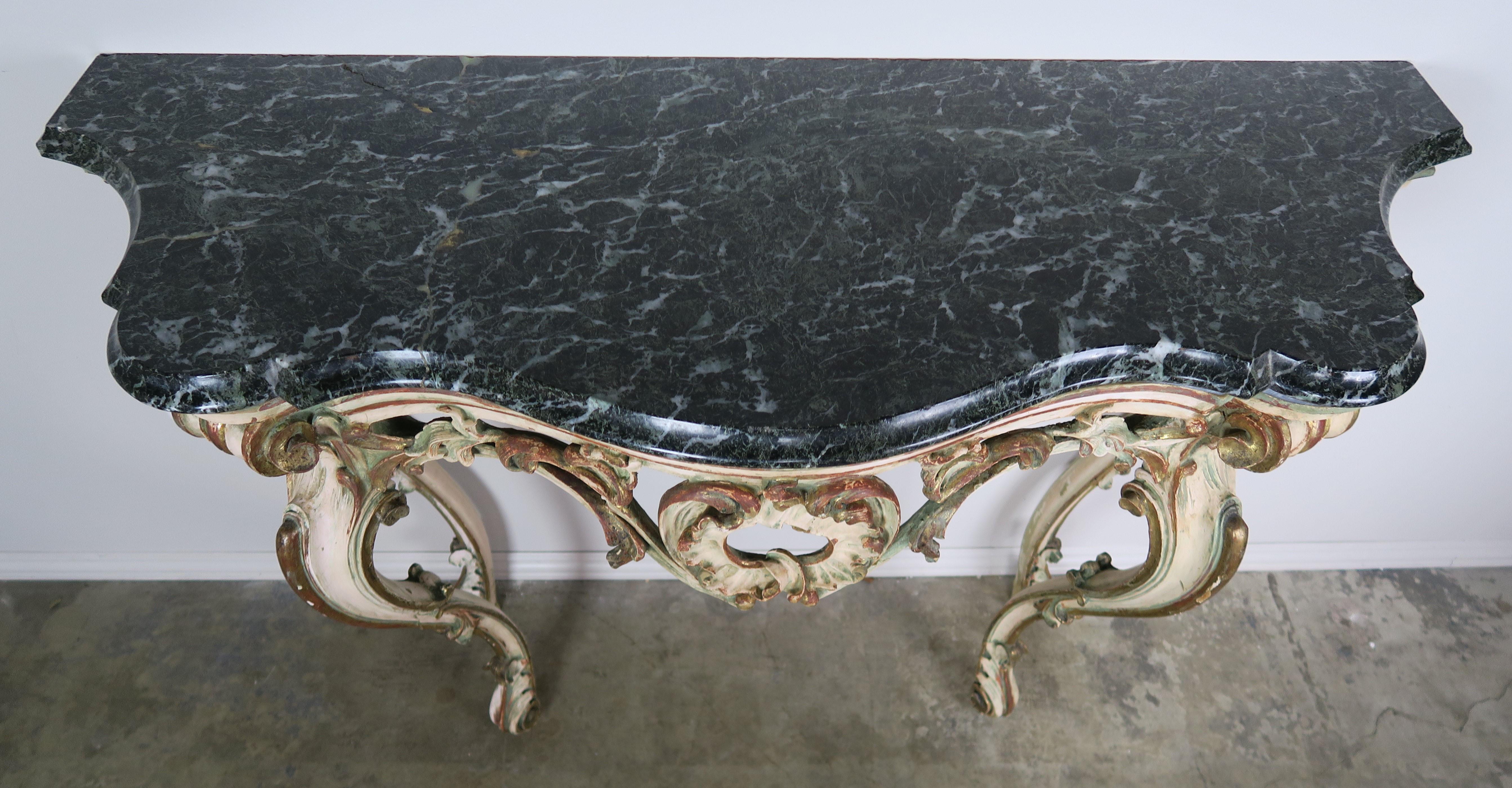 French Serpentine Shaped Painted and Parcel-Gilt Console with Marble Top, circa 1930 For Sale