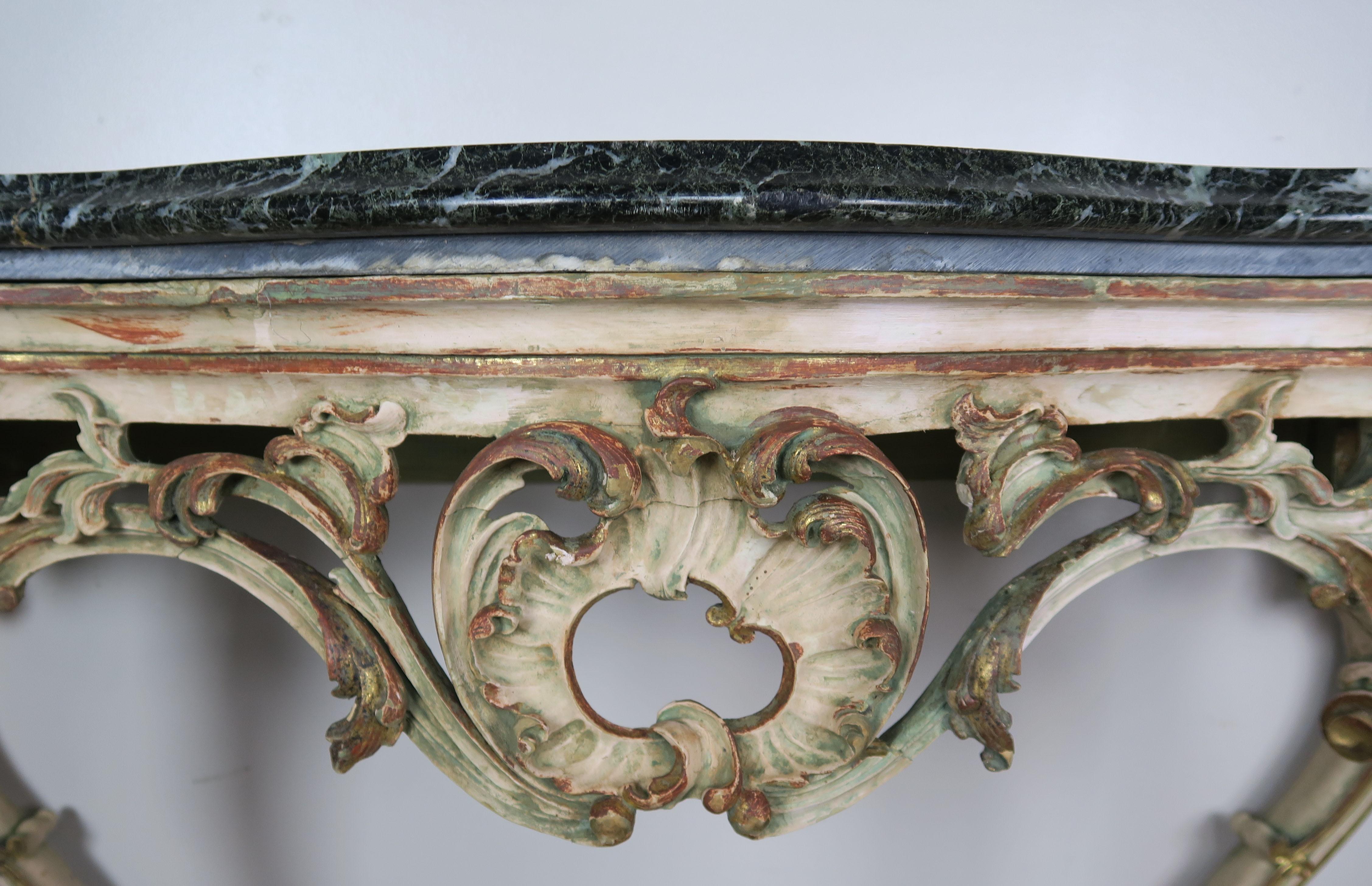 Hand-Painted Serpentine Shaped Painted and Parcel-Gilt Console with Marble Top, circa 1930 For Sale