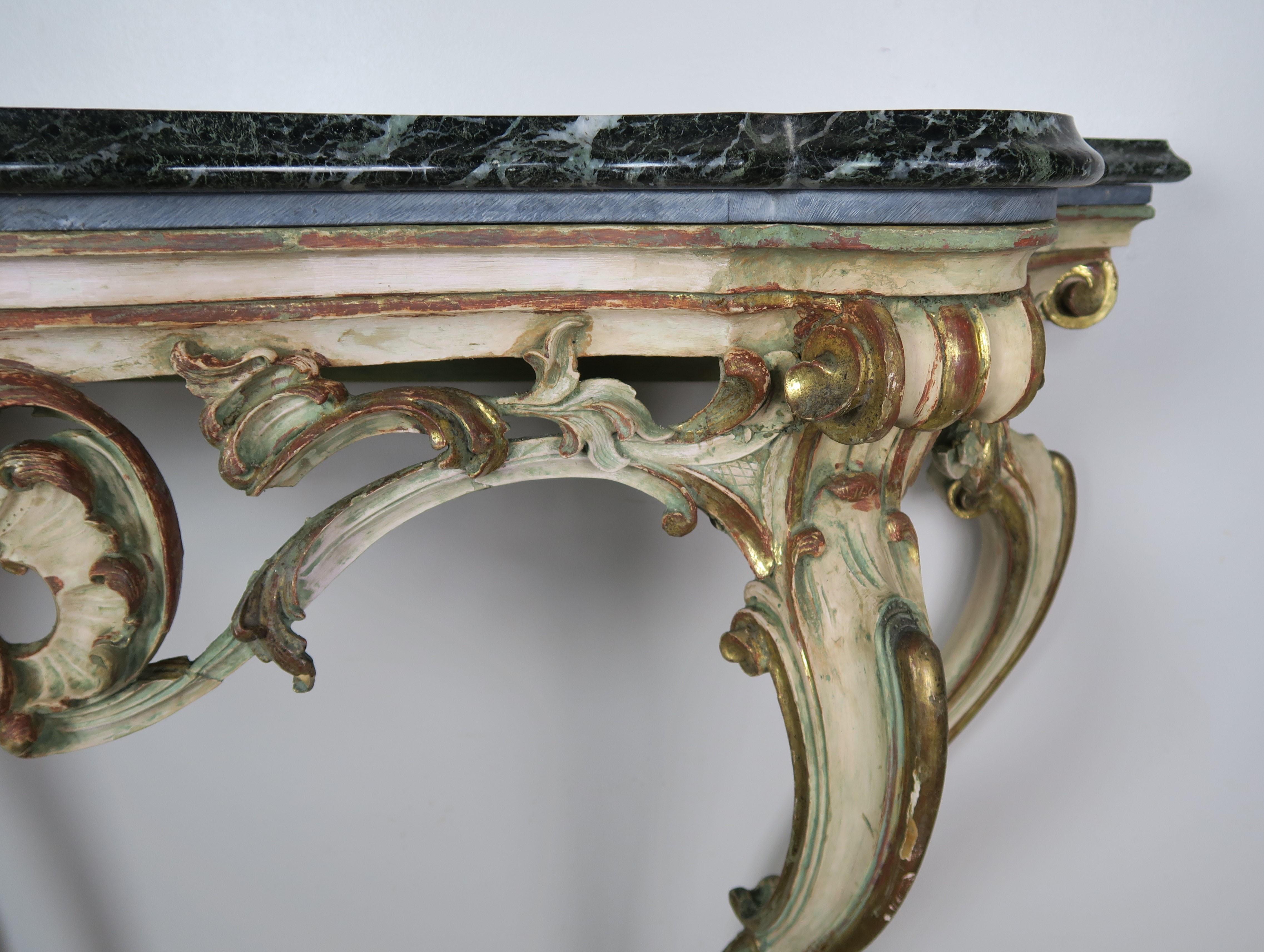 Mid-20th Century Serpentine Shaped Painted and Parcel-Gilt Console with Marble Top, circa 1930 For Sale