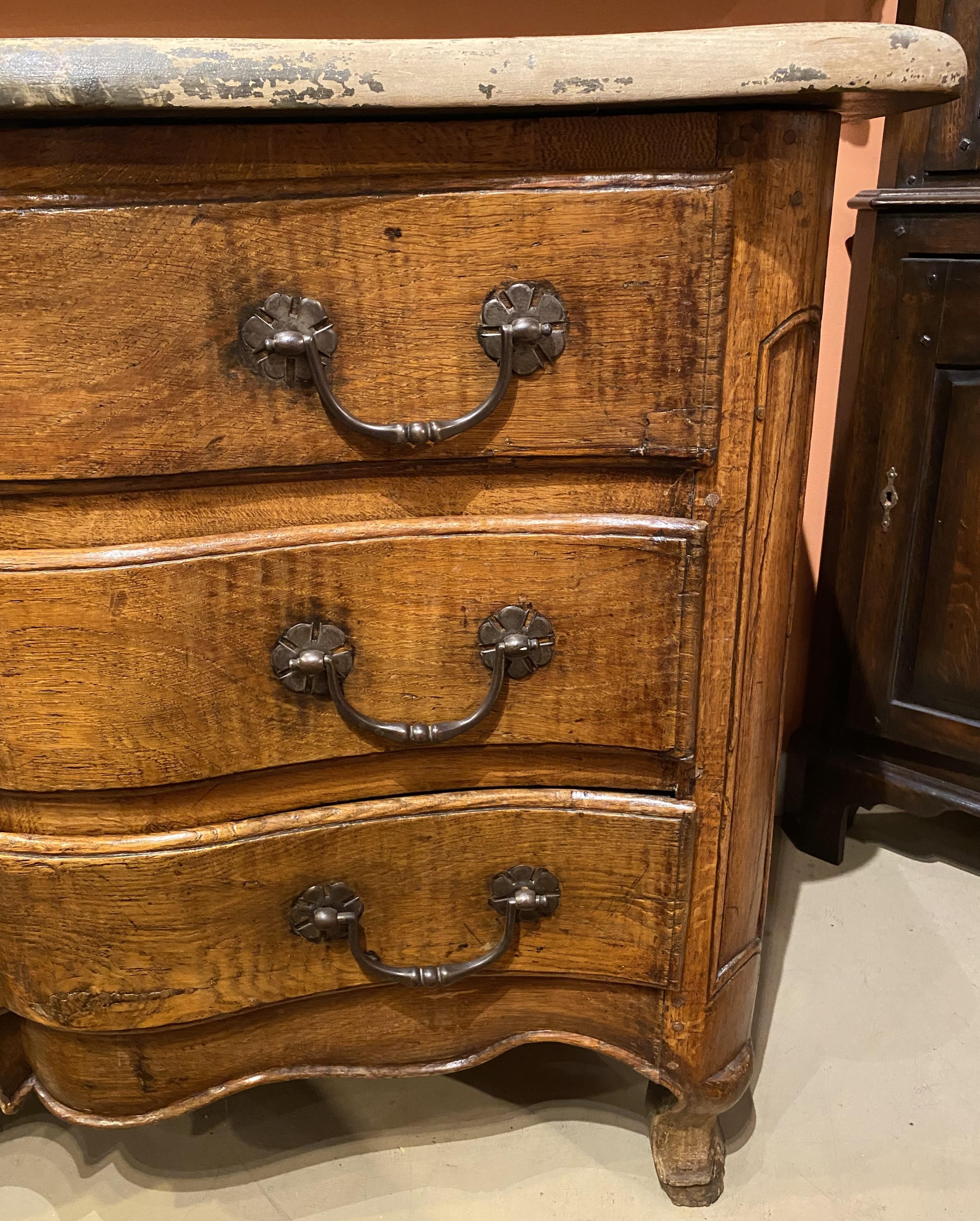 Hand-Carved French Serpentine Three Drawer Commode with Faux Marble Top c 1760 For Sale