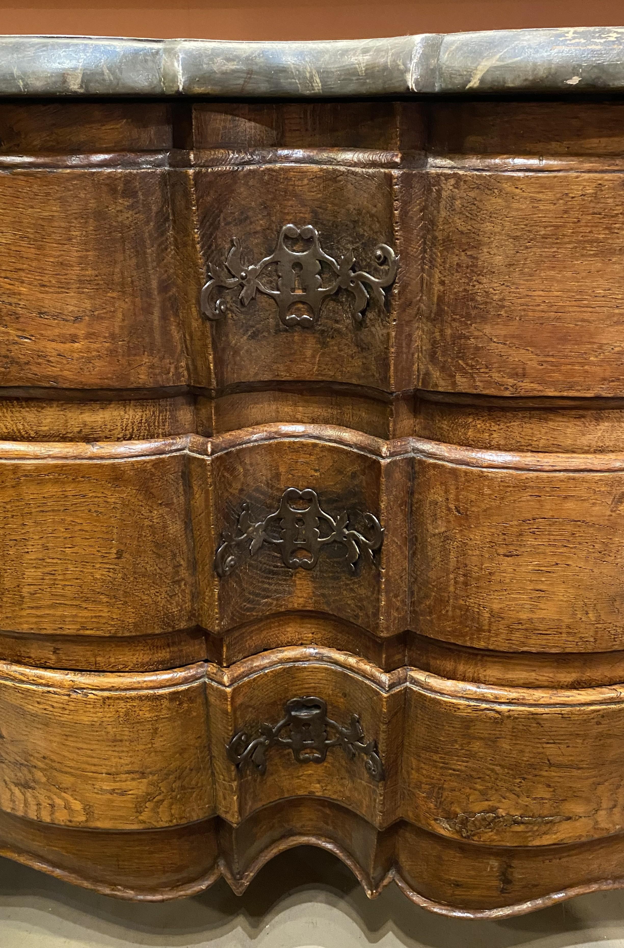 French Serpentine Three Drawer Commode with Faux Marble Top c 1760 In Good Condition For Sale In Milford, NH