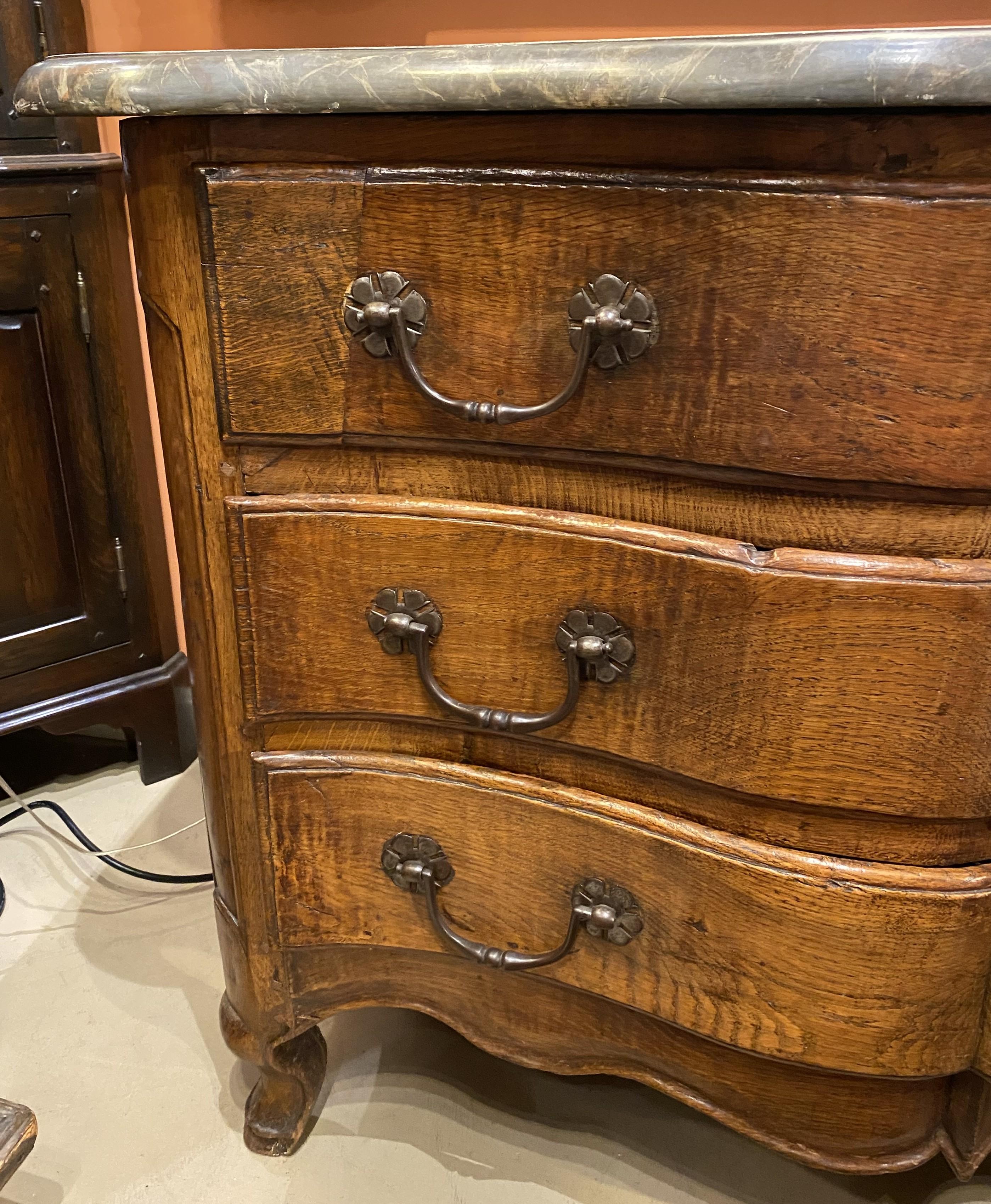 Mid-18th Century French Serpentine Three Drawer Commode with Faux Marble Top c 1760 For Sale