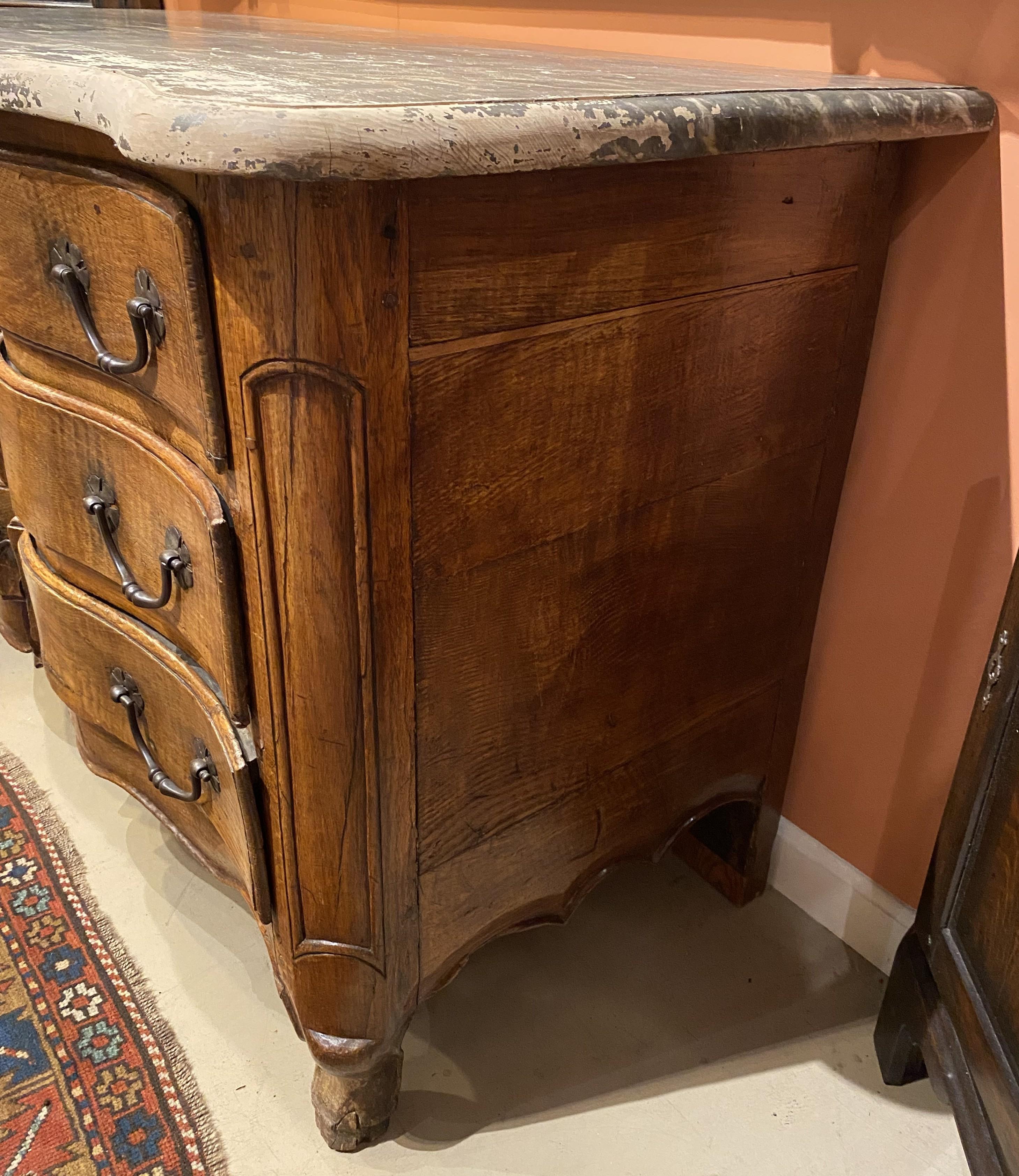 Metal French Serpentine Three Drawer Commode with Faux Marble Top c 1760 For Sale