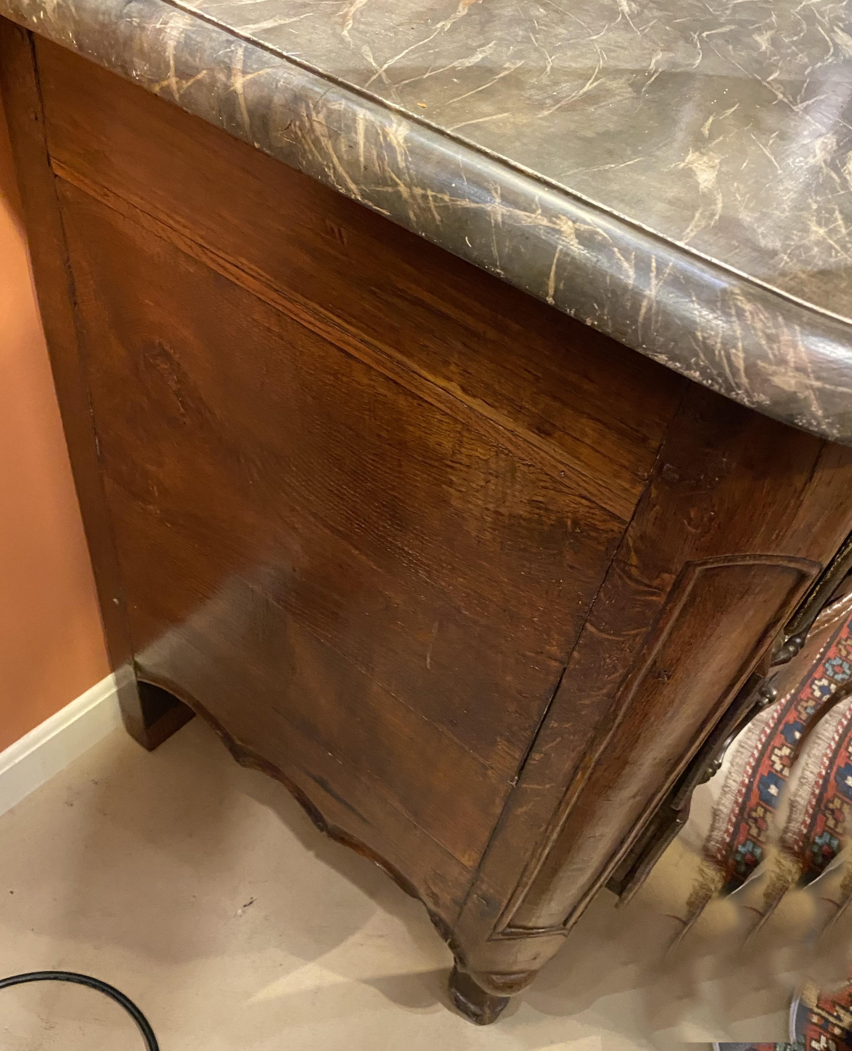 French Serpentine Three Drawer Commode with Faux Marble Top c 1760 For Sale 1