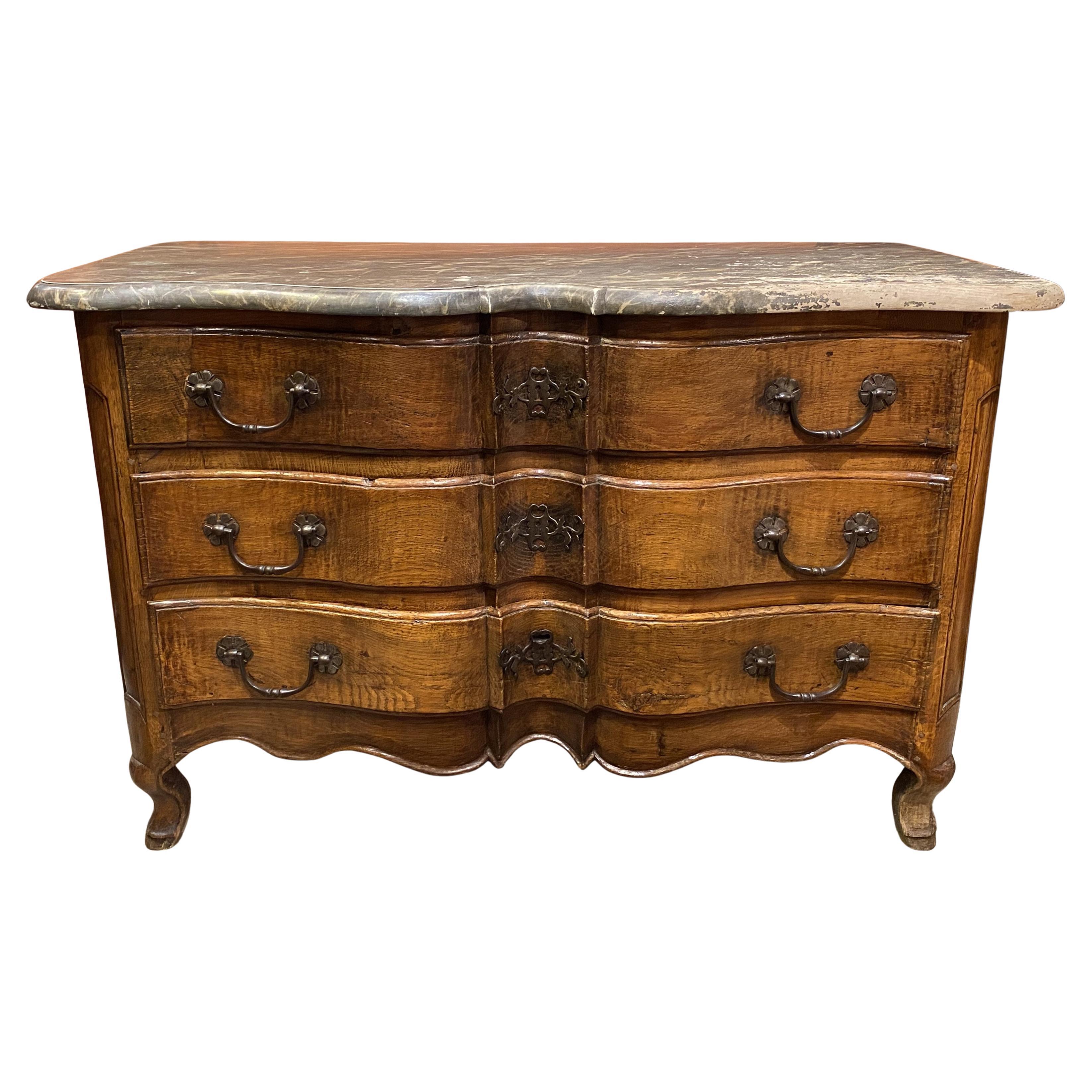 French Serpentine Three Drawer Commode with Faux Marble Top c 1760 For Sale
