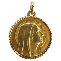 Vintage French Serraz Virgin Mary 18K Yellow Gold Medal Pendant