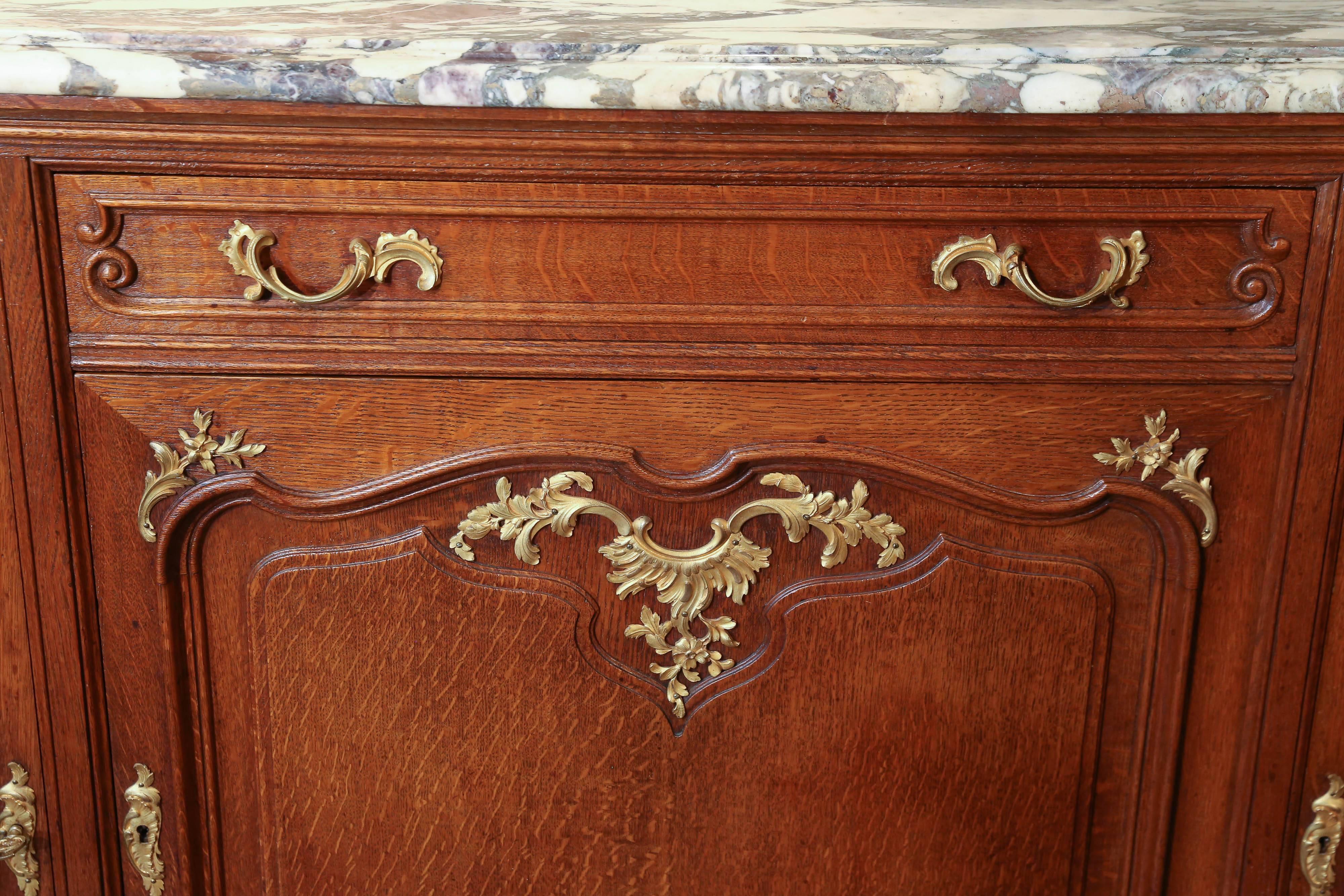 20th Century French Server Signed Haentges, Paris Gilt Bronze-Mounted Oak and Marble