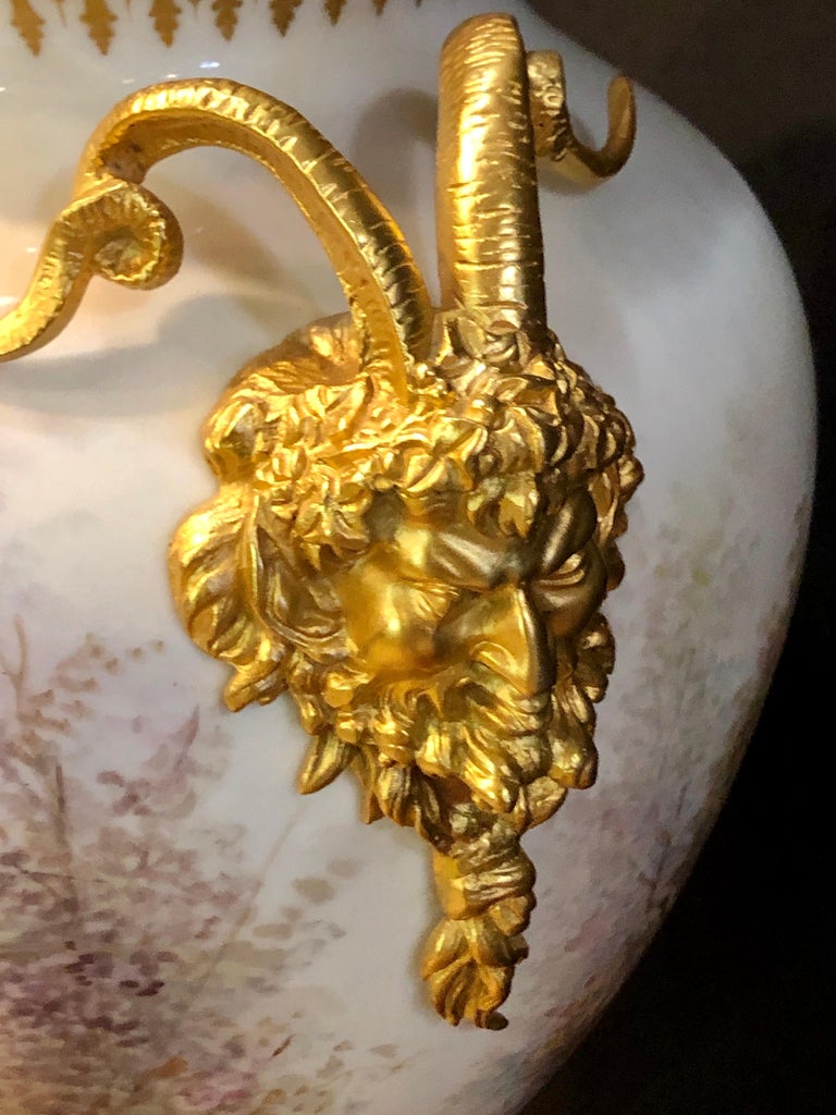 French Serves Painted Rams Head Bronze Mounted Lidded Vase, Centerpiece