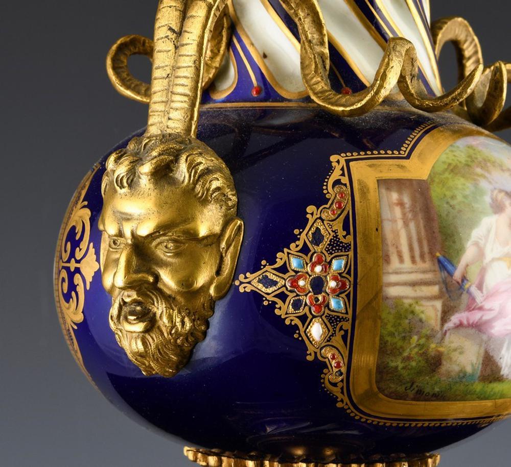 French Serves-Style Porcelain & Gilt Bronze Cassolettes Urns For Sale 6