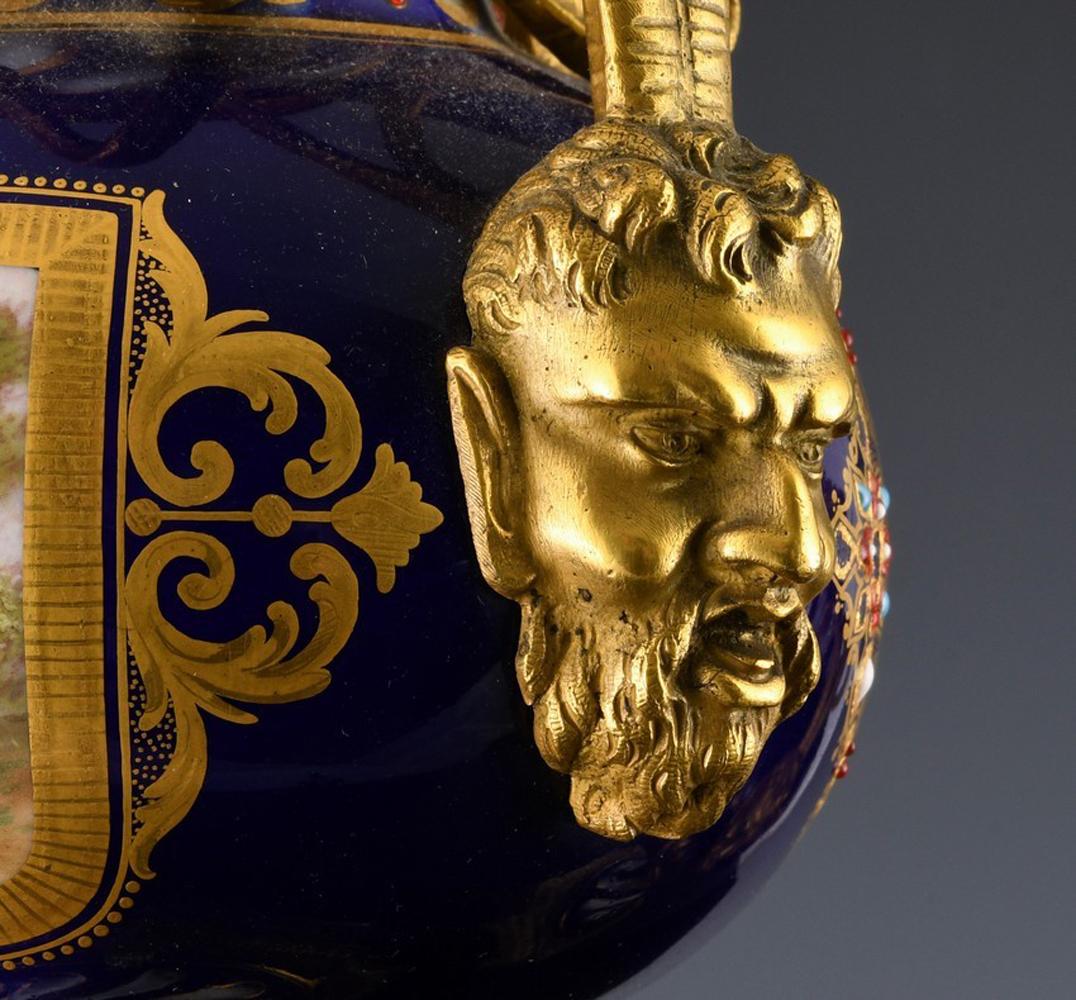 French Serves-Style Porcelain & Gilt Bronze Cassolettes Urns For Sale 7