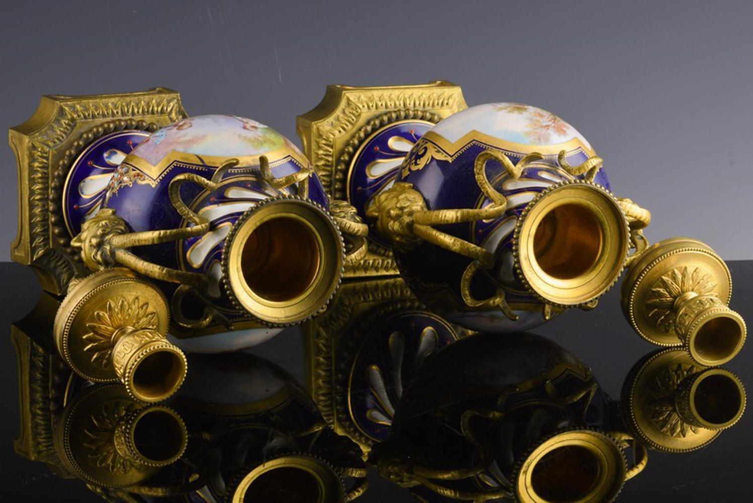 French Serves-Style Porcelain & Gilt Bronze Cassolettes Urns For Sale 8