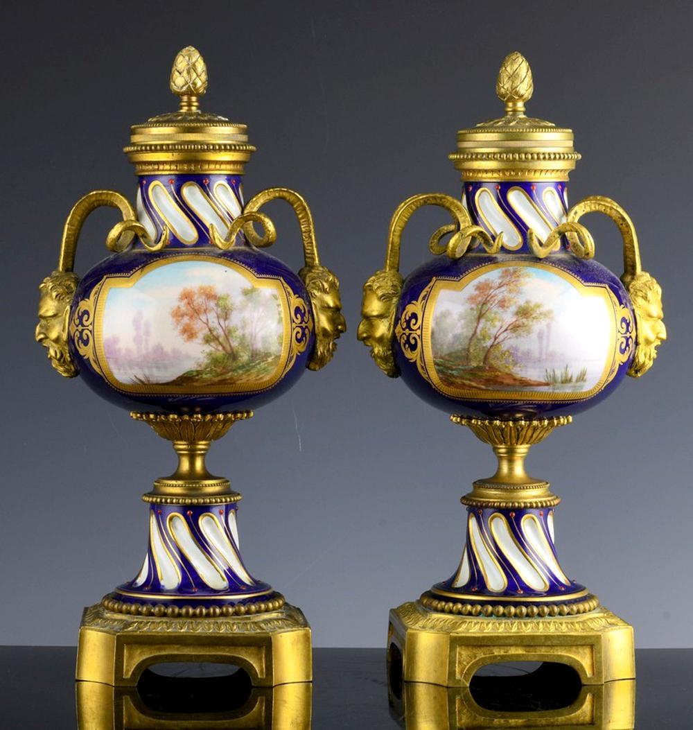 Louis XV French Serves-Style Porcelain & Gilt Bronze Cassolettes Urns For Sale