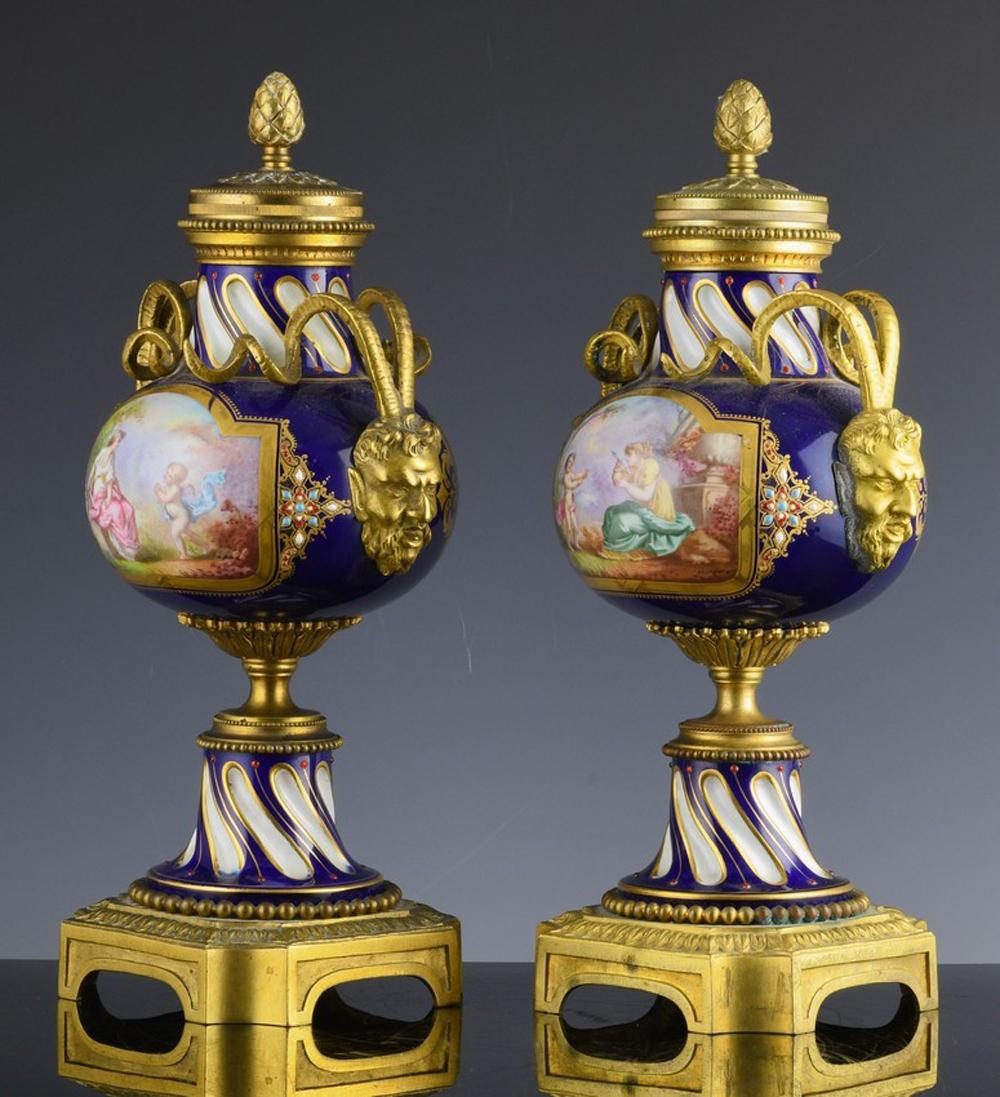 French Serves-Style Porcelain & Gilt Bronze Cassolettes Urns In Good Condition For Sale In Downingtown, PA
