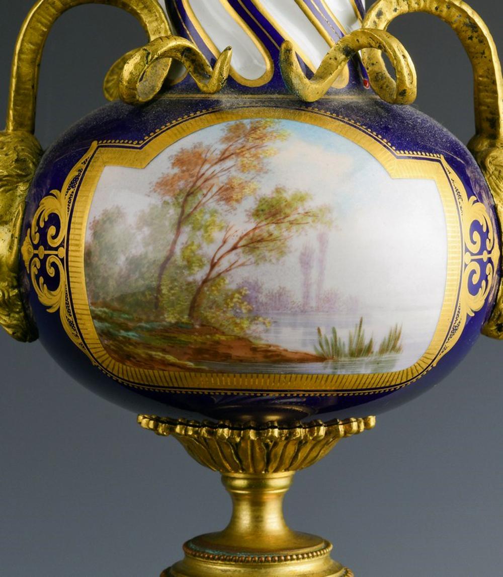 19th Century French Serves-Style Porcelain & Gilt Bronze Cassolettes Urns For Sale