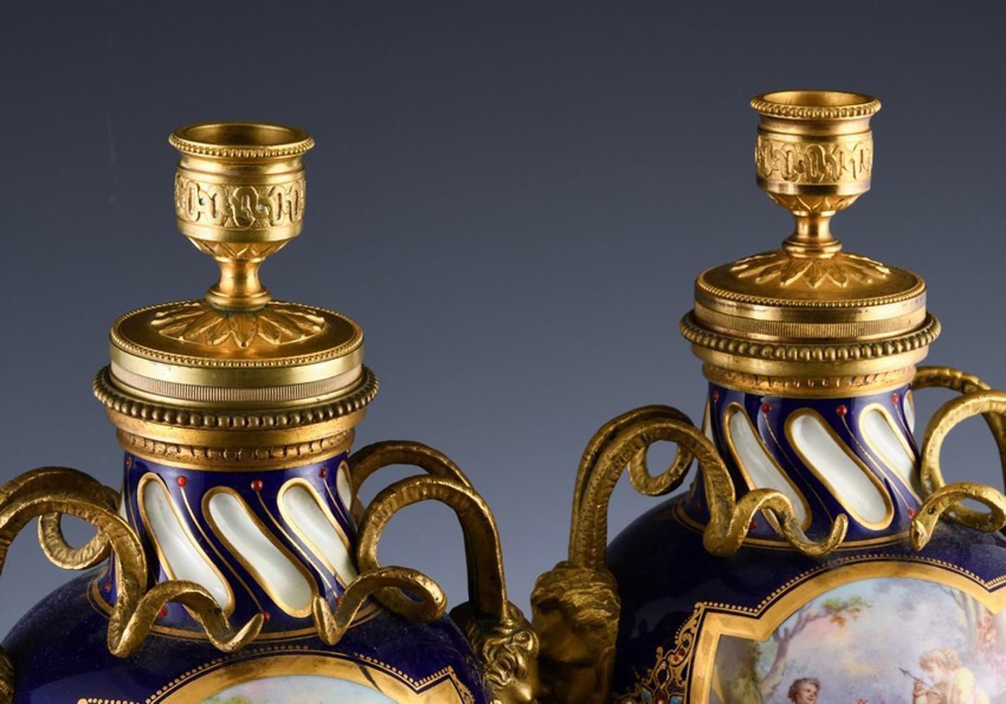 French Serves-Style Porcelain & Gilt Bronze Cassolettes Urns For Sale 4