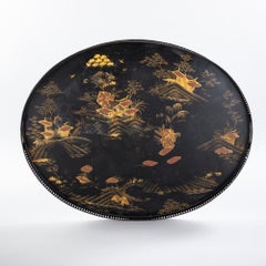 French serving tray with chinoiserie painting on black metal, early 19th century