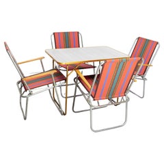 French Set Folding Camping Four Chairs and Table Patio Garden Mid-Century