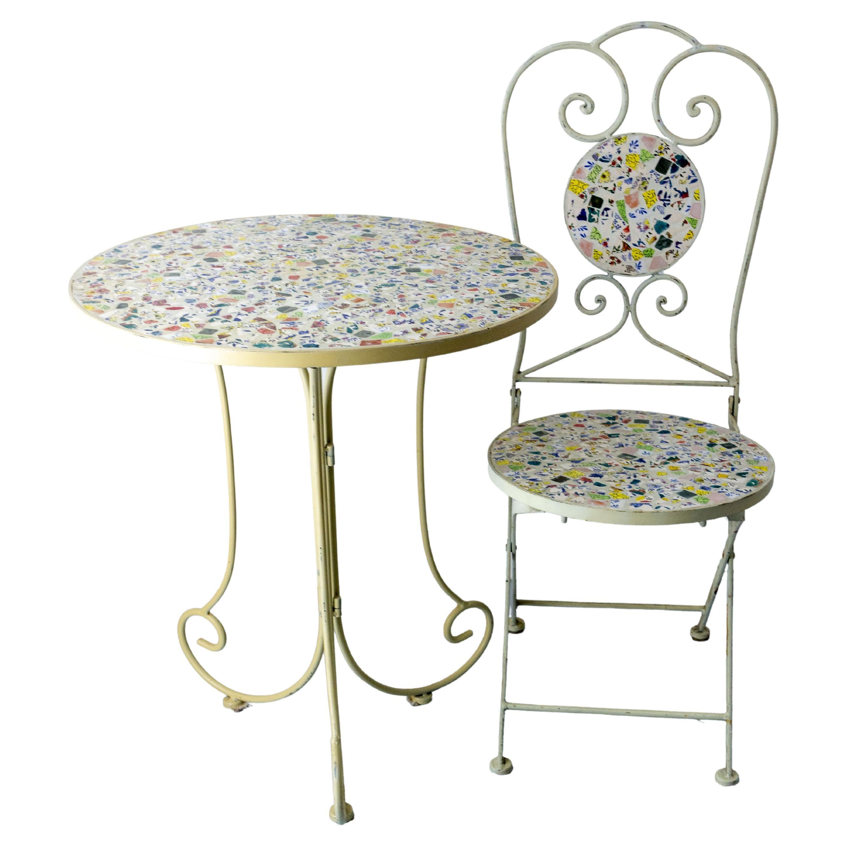 French Set Iron Chair and its Table Mosaic Decoration Patio Garden Mid-Century For Sale