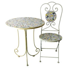 Vintage French Set Iron Chair and its Table Mosaic Decoration Patio Garden Mid-Century
