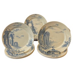 Set di 12 piatti da pranzo architettonici in faience blu e bianco, Gien, C.C.