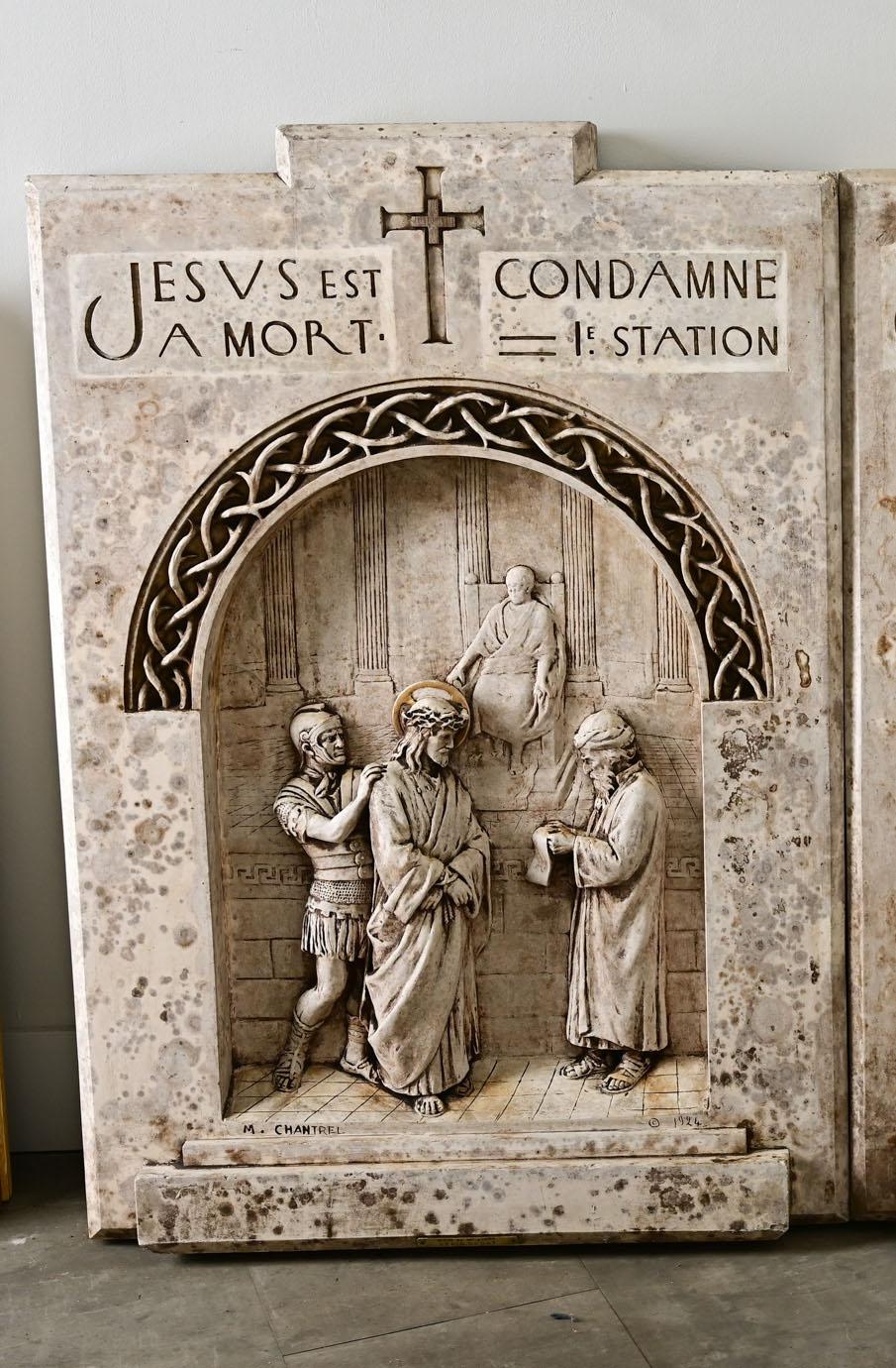 French early 20th century set of fourteen (14) Stations of the Cross high-relief plaster sculptures, that would have been commissioned for a cathedral in 1924. The custom of walking the Stations of the Cross goes back many centuries, when churches