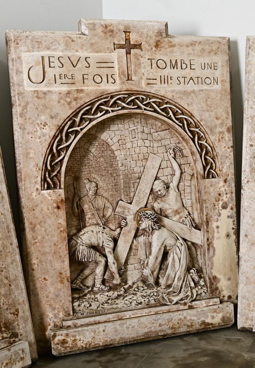 Cast French Set of 14 Plaster Stations of the Cross, 1924 For Sale