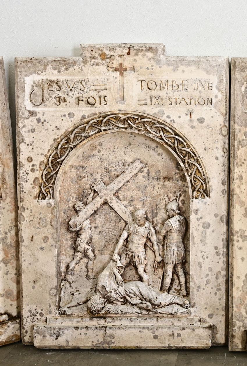 French Set of 14 Plaster Stations of the Cross, 1924 In Good Condition For Sale In Baton Rouge, LA