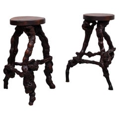 French, Set Of 2 Twisted Grape-vine Roots Bar Stools 1960s